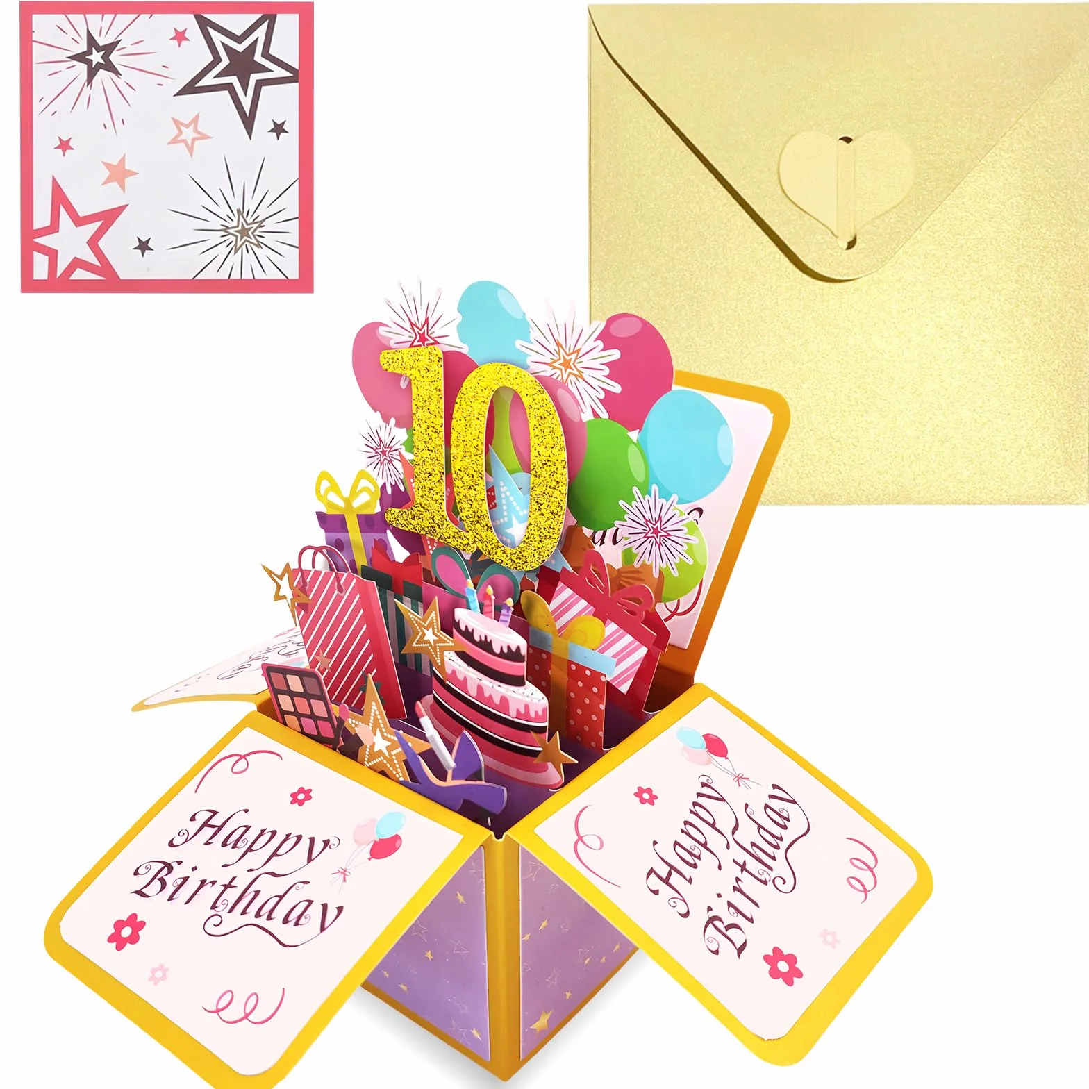 Carte Pop Up Anniversaire 10 Ans Or Rose 3D avec Enveloppe pour Fille
