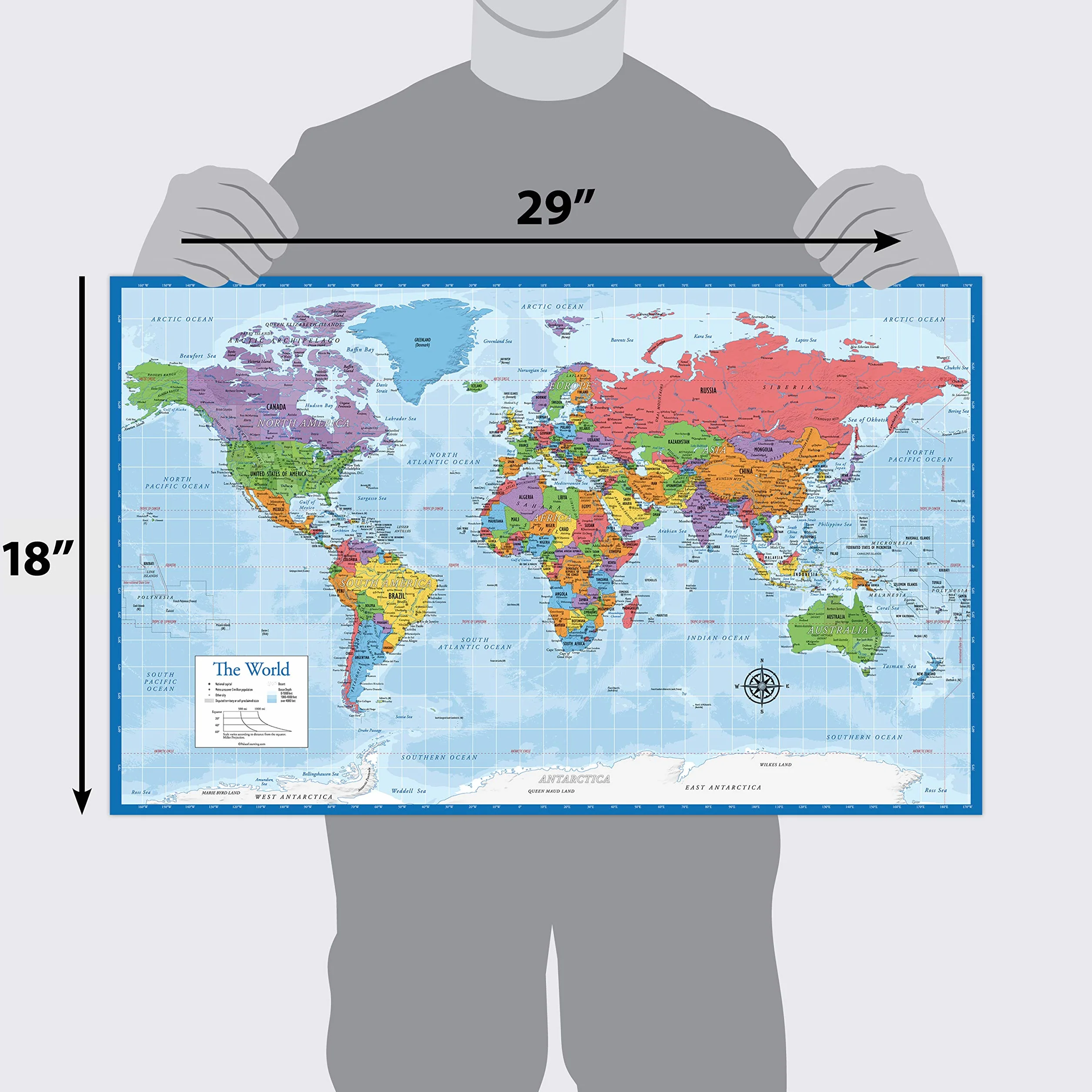 Carte du monde plastifiée murale Terre 45,7 x 73,7 cm bleu