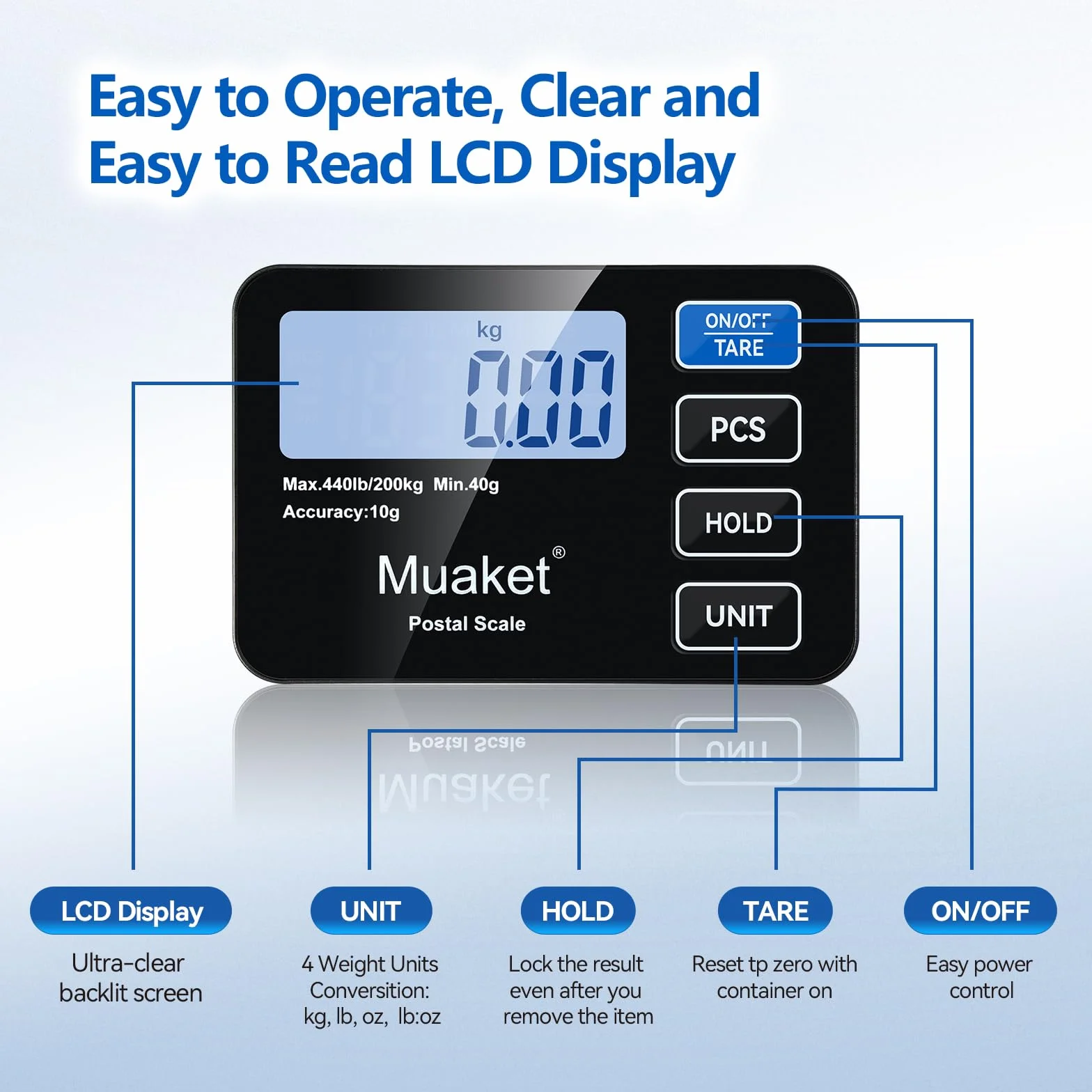 Balance Colis Numérique 200kg/10g, Pèse Colis Portable avec Fonction Hold/Tare, Écran LCD pour Bagage Maison Poste