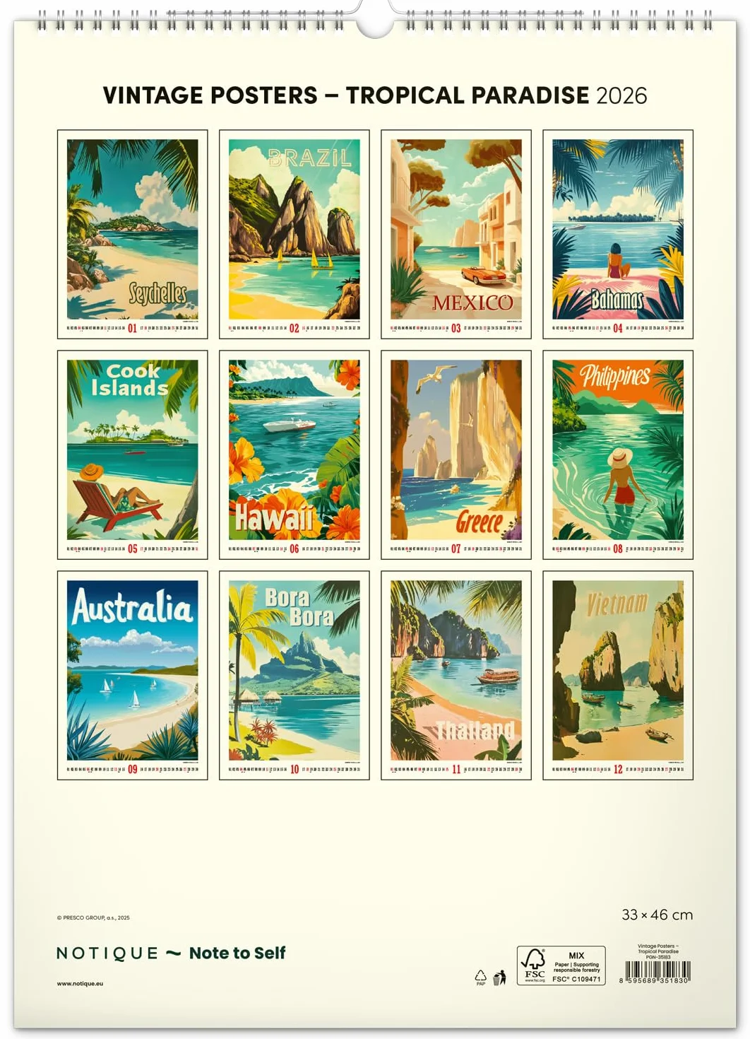 NOTIQUE Calendrier mural 2026 Poster vintage 33 x 46 cm Paradis tropicaux