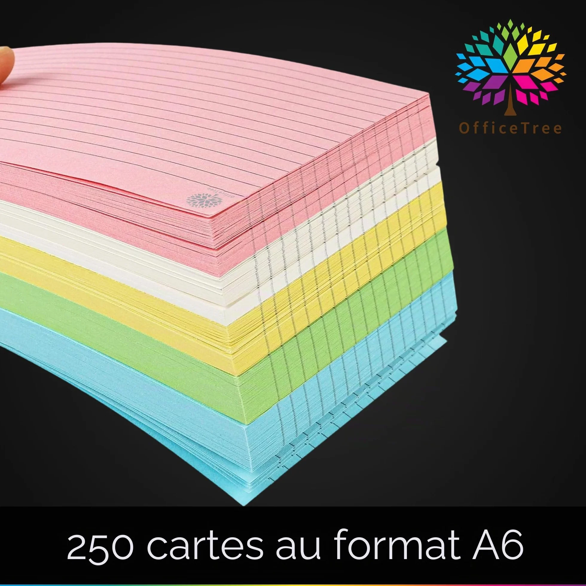 OfficeTree 250x Flash Cards A6 Lignées 5 Couleurs - Fiches Bristol pour Études et Révision