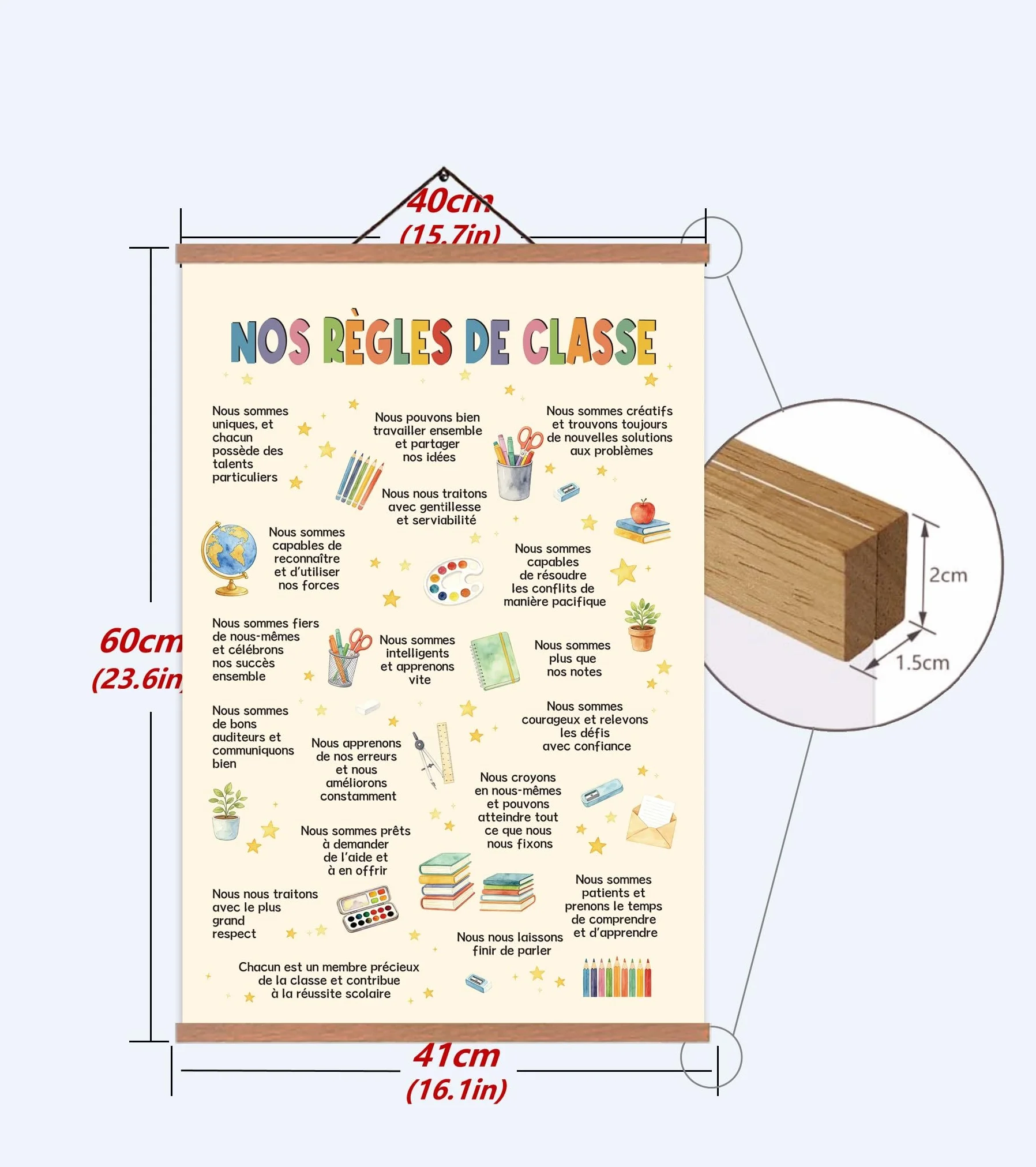 Affiche Règles de Classe A2 avec Porte-Affiche Aimanté en Teck, 40x60 cm Poster Toile Éducative pour École Primaire