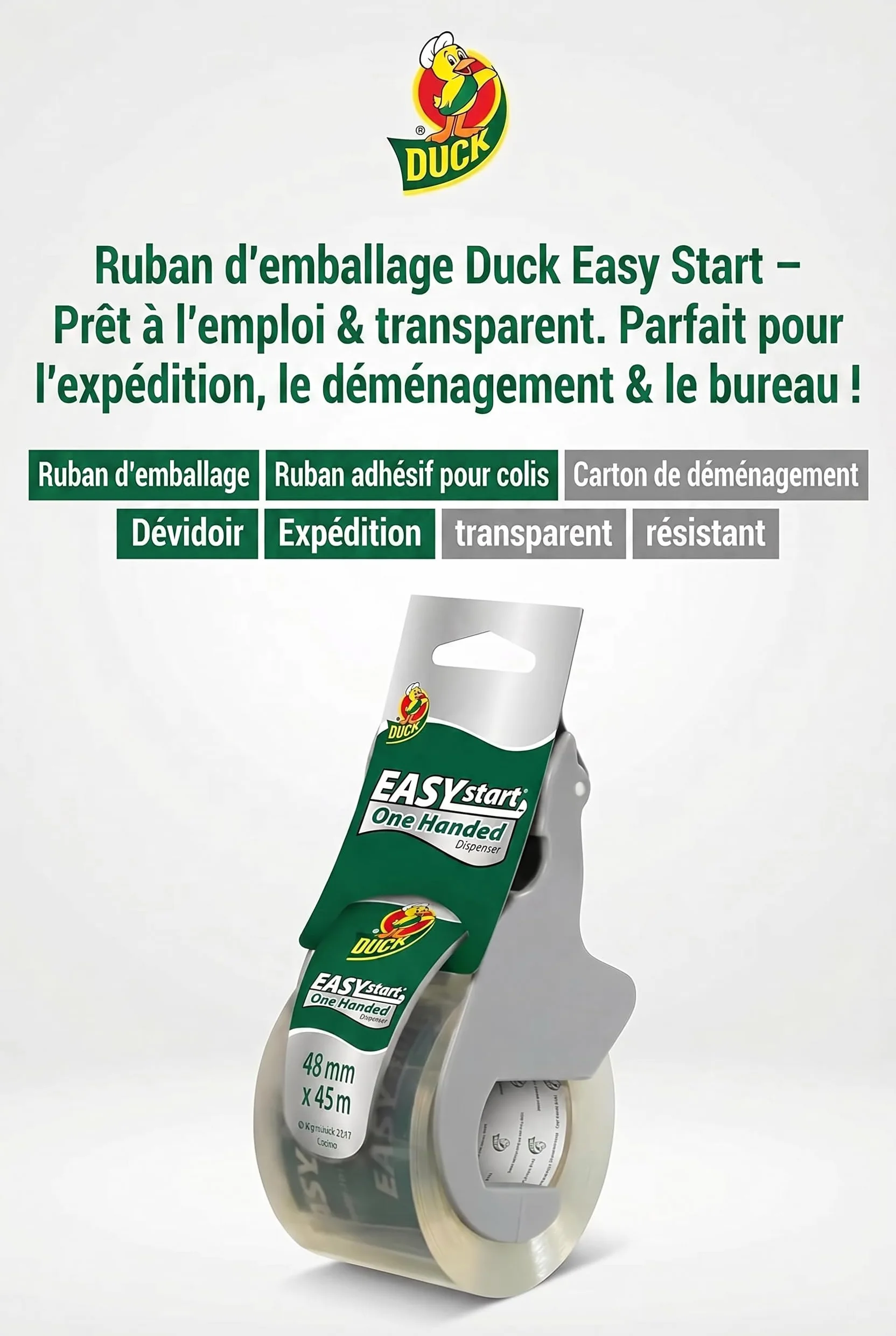 DUCK Easy Start 120-00 Ruban d'emballage transparent 48mm x 45m