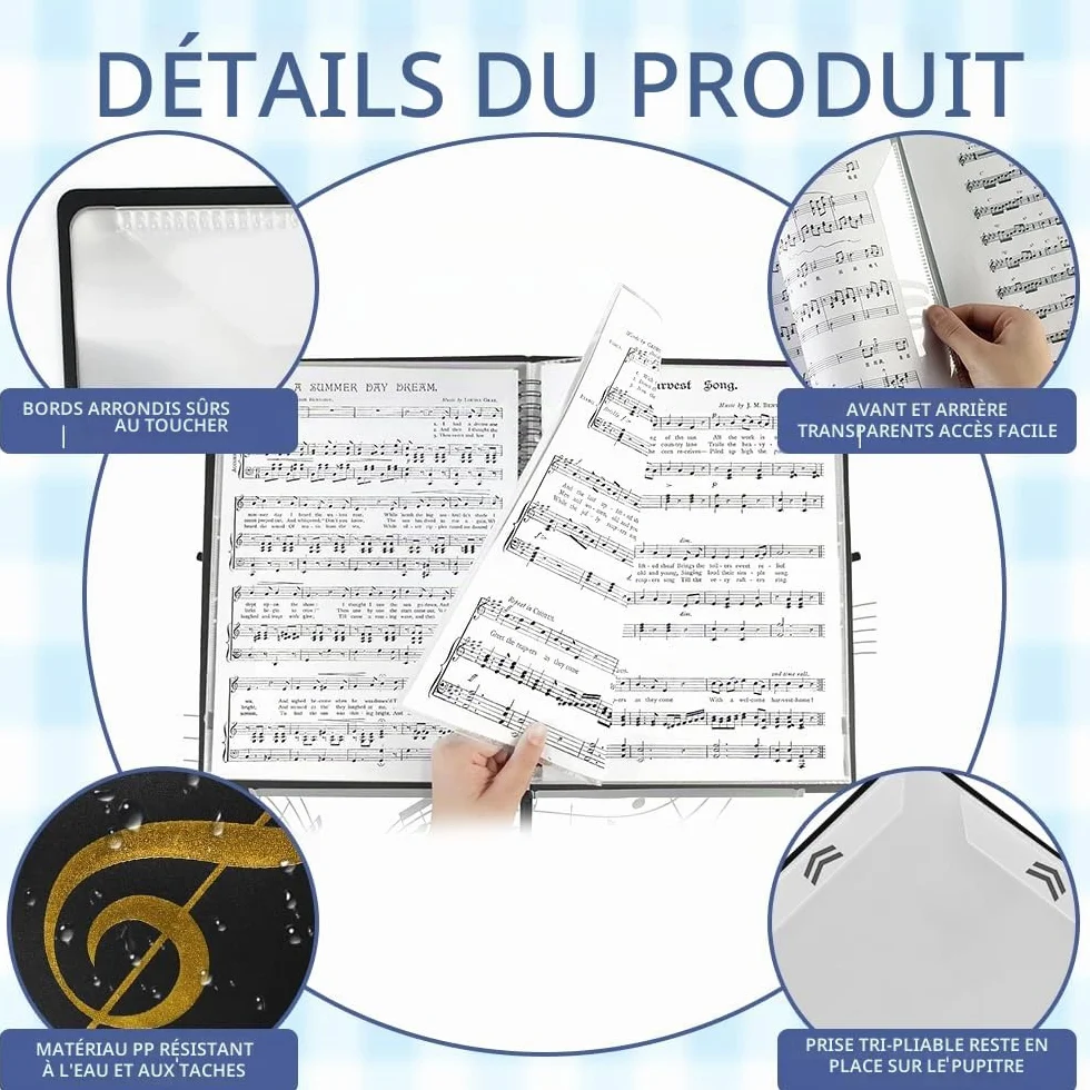 Classeur A4 pour Partitions de Musique avec 10 Pinces, 40 Pages, Étanche