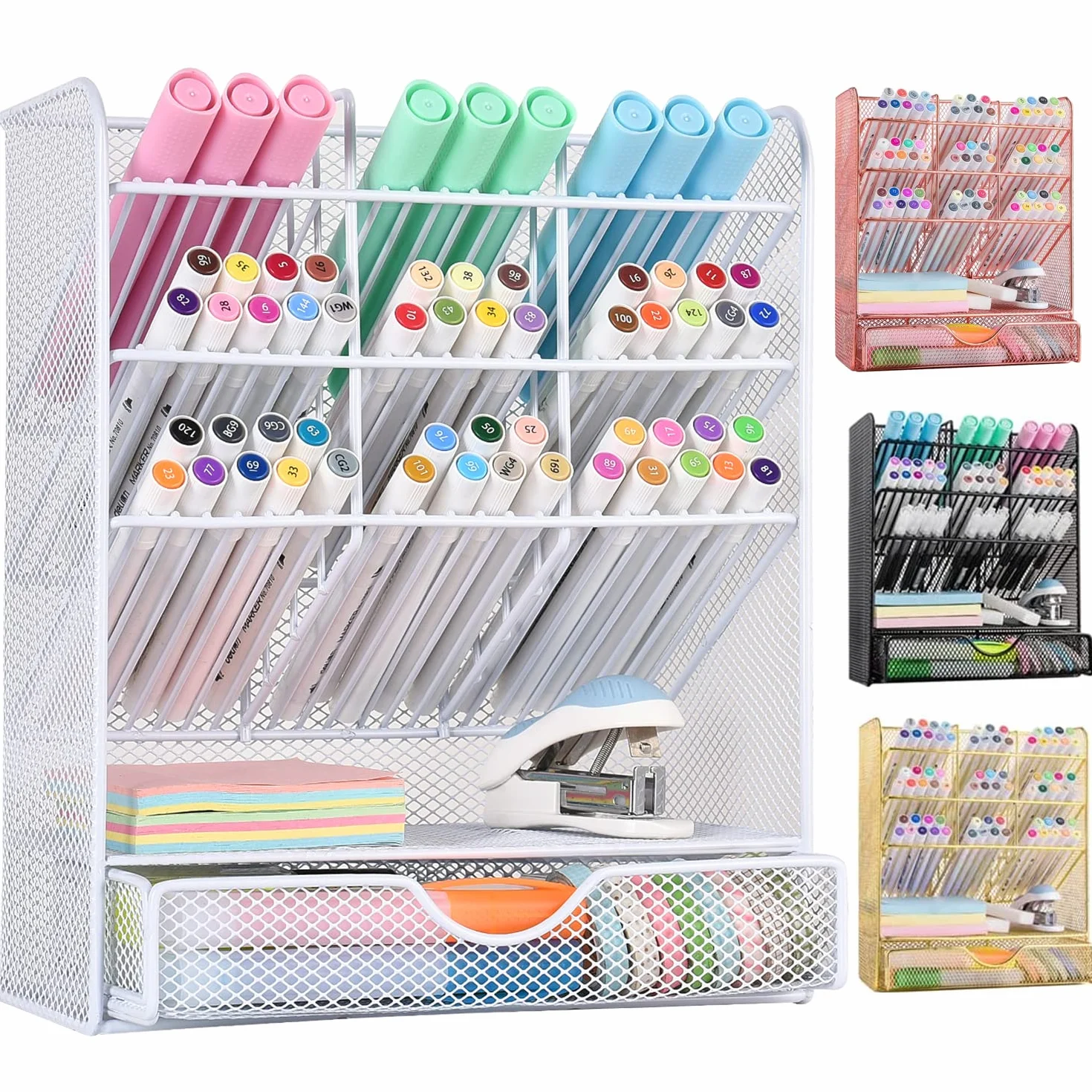 Pen Holder Desk Organizer with 10 Compartments and 1 Drawer White