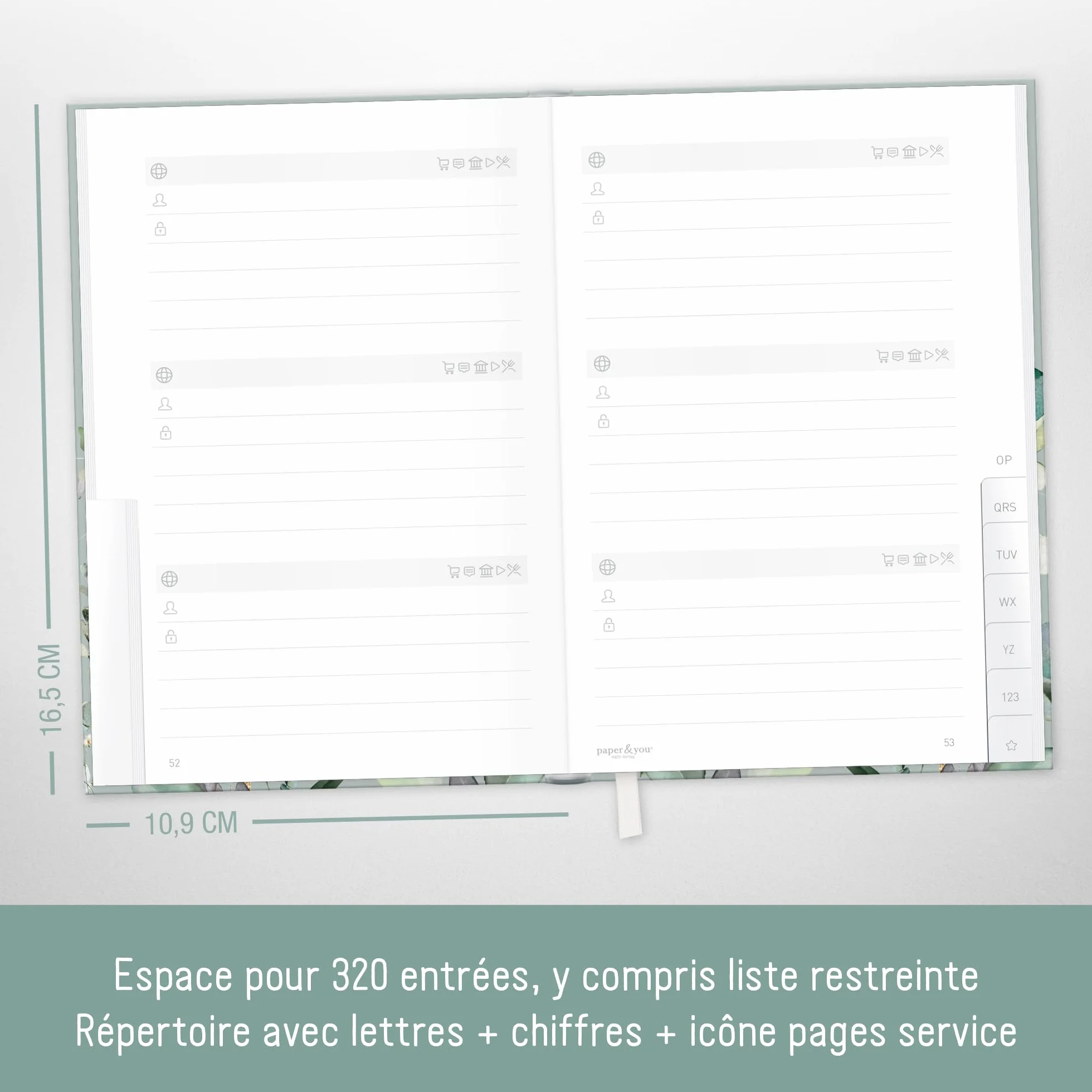 paper&you Livre de mots de passe A6+ onglet A-Z Minty Leaves 320 données gestionnaire petit durable