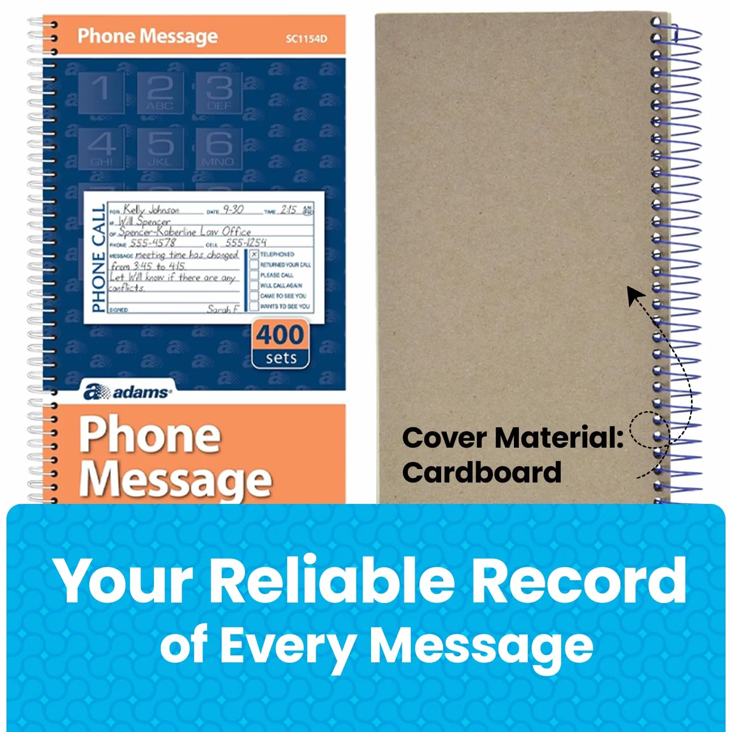 Adams Carnet de messages téléphoniques 13 x 28 cm Reliure spirale 2 parties Sans carbone 4 messages par page 400 ensembles Lot de 2 Blanc et Canari