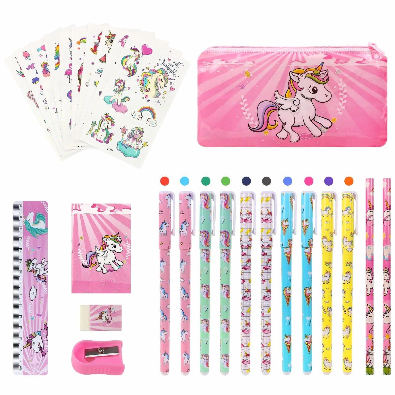 Vicloon Papeterie Licorne 27Pcs Cadeau Ensemble Étuis Crayons Stickers Taille-Crayon Filles