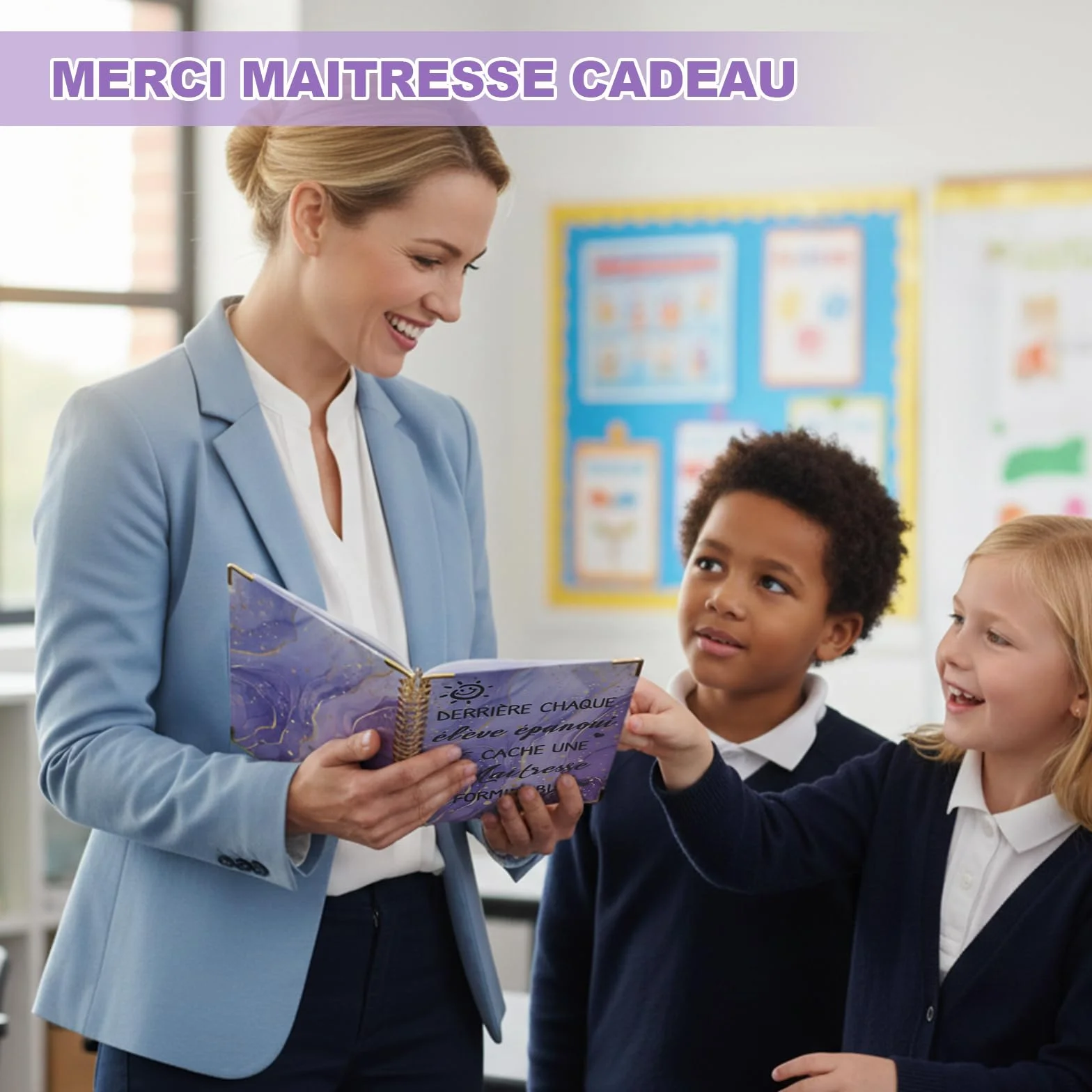 Coffret Cadeau Maîtresse d'École Fin d'Année avec Carnet A5, Porte-Clés, Stylo