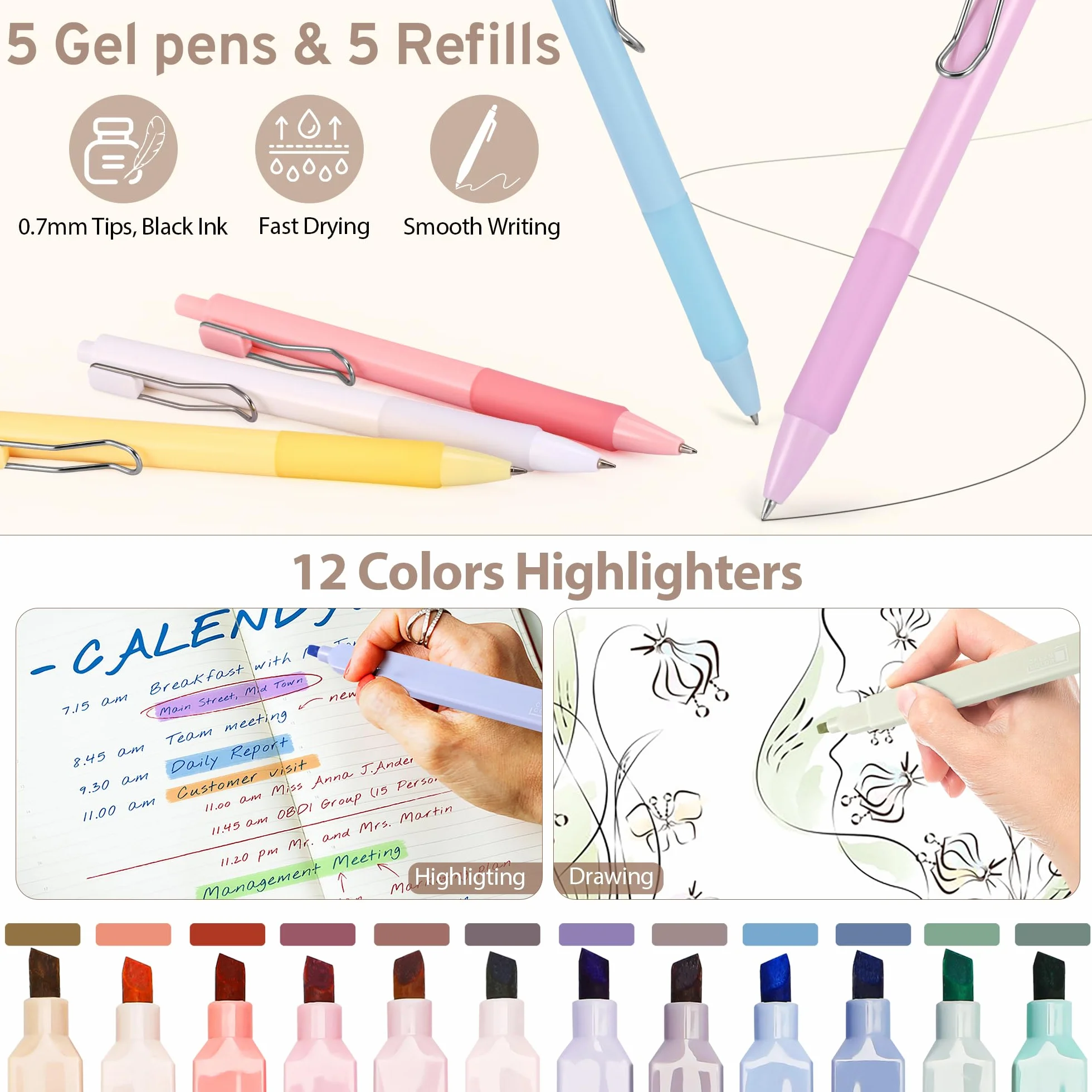 DazSpirit 62 Set de Papeterie Aesthetic avec Trousse Pliable, Surligneurs Pastel, Stylos Effaçables, Stylos Gel, Porte-mines, Notes Adhésives – Fournitures Scolaires Violet