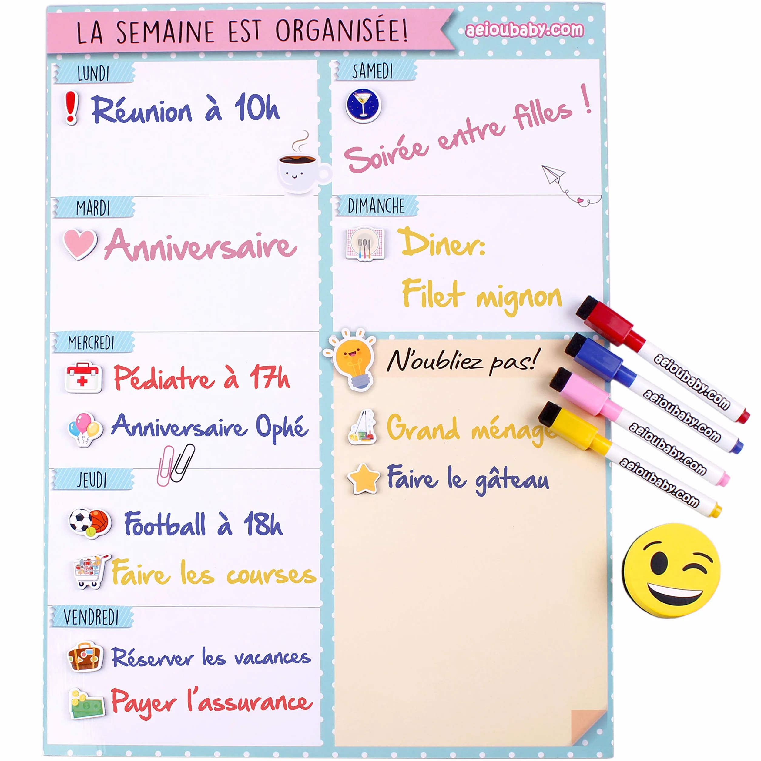 Planning de la Semaine Magnétique 43x32cm Calendrier Frigo Français Tableau Cuisine Organiseur