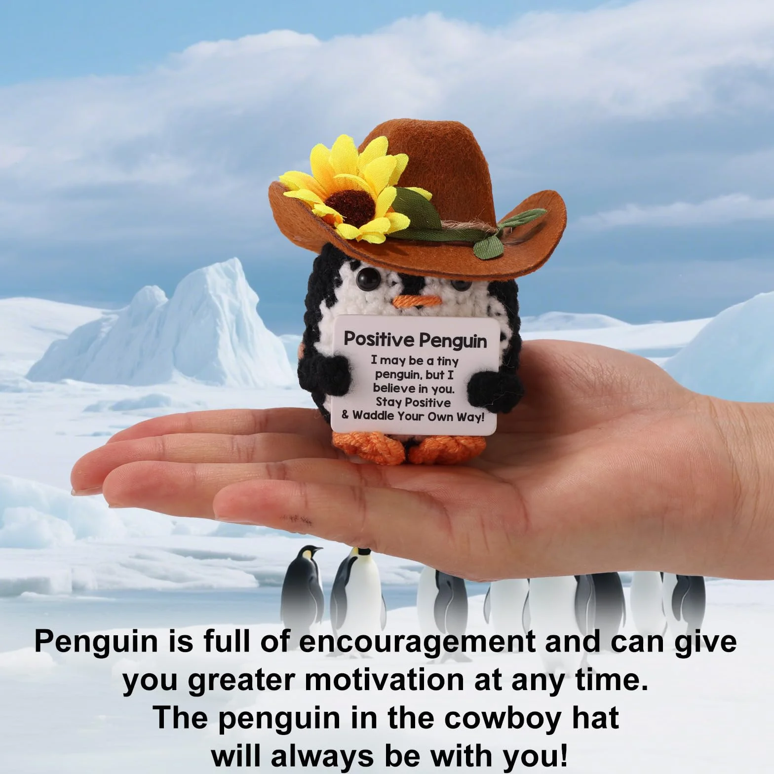 Crochet Pingouin Positif Fait Main avec Chapeau de Cowboy Poupée Inspirante Carte Édifiante Décoration Bureau