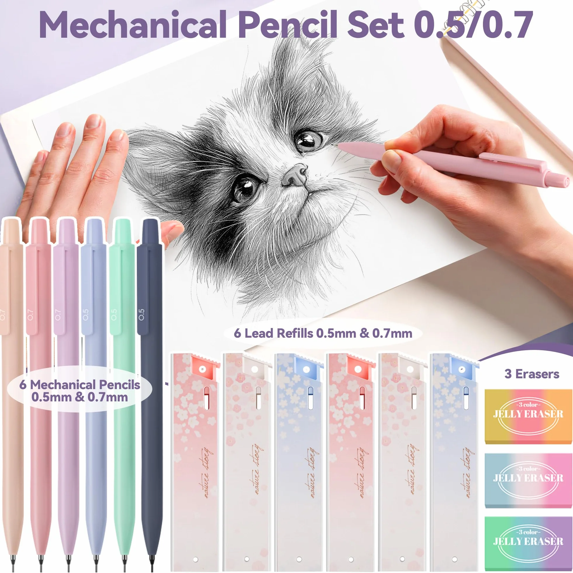 DazSpirit Lot de 61 Fournitures Scolaires Esthétiques avec Trousses, Surligneur Pastel, Stylos Effaçables, Stylos Gel, Porte Mine 0.5 mm et 0.7 mm, Violet