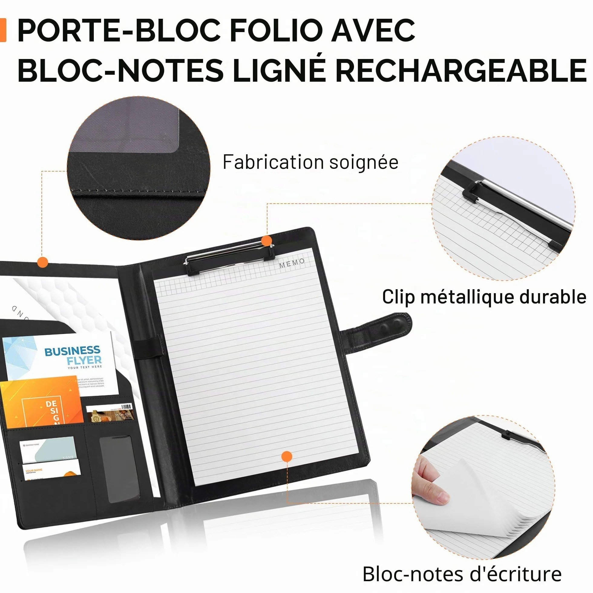 Conférencier A4 avec Porte Bloc, Porte Documents et Fermeture Magnétique (noir)