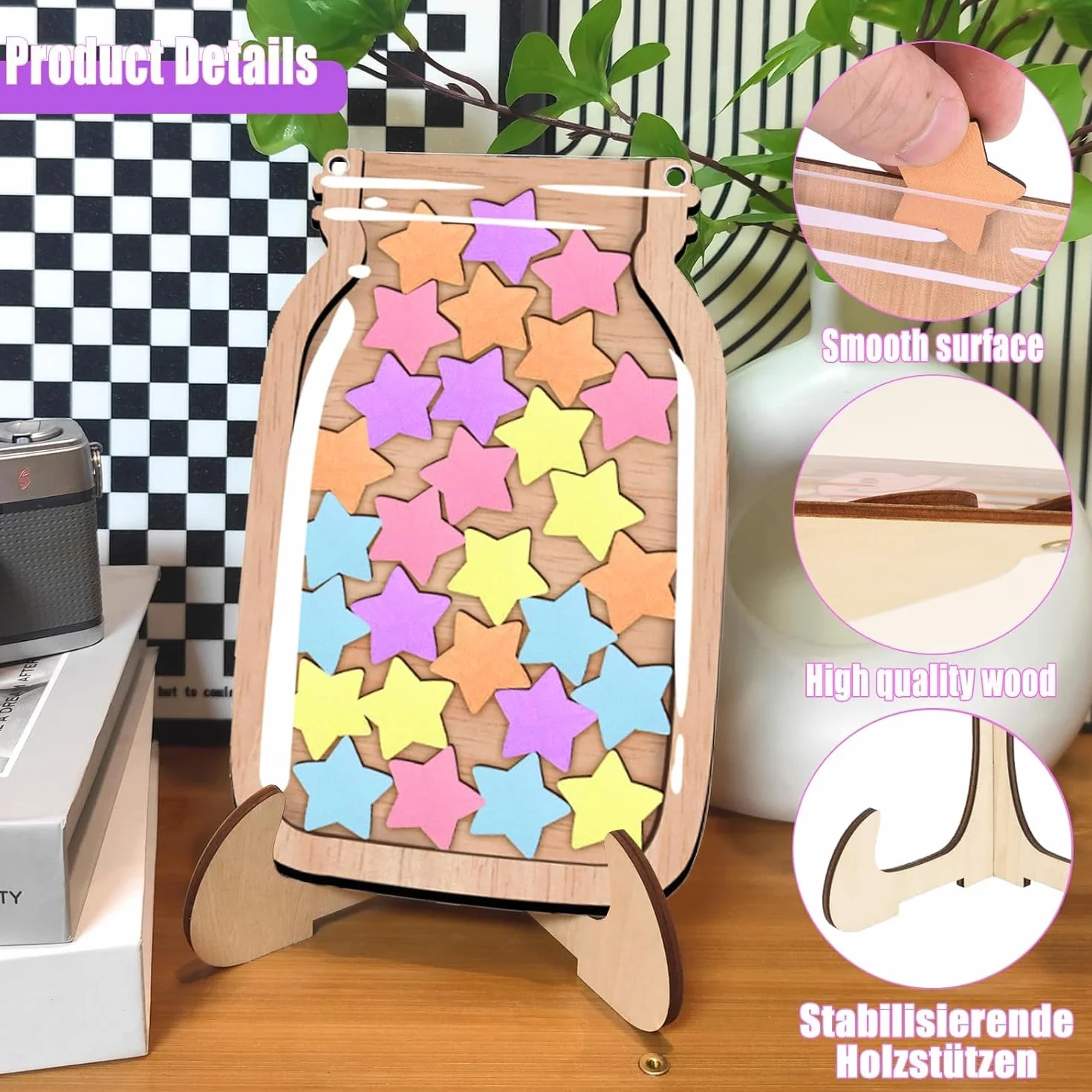 Magnetyczny Słoik Nagród dla Dzieci z Drewnianym Stojakiem i 30 Gwiazdkami, System Motywacyjny do Klasy