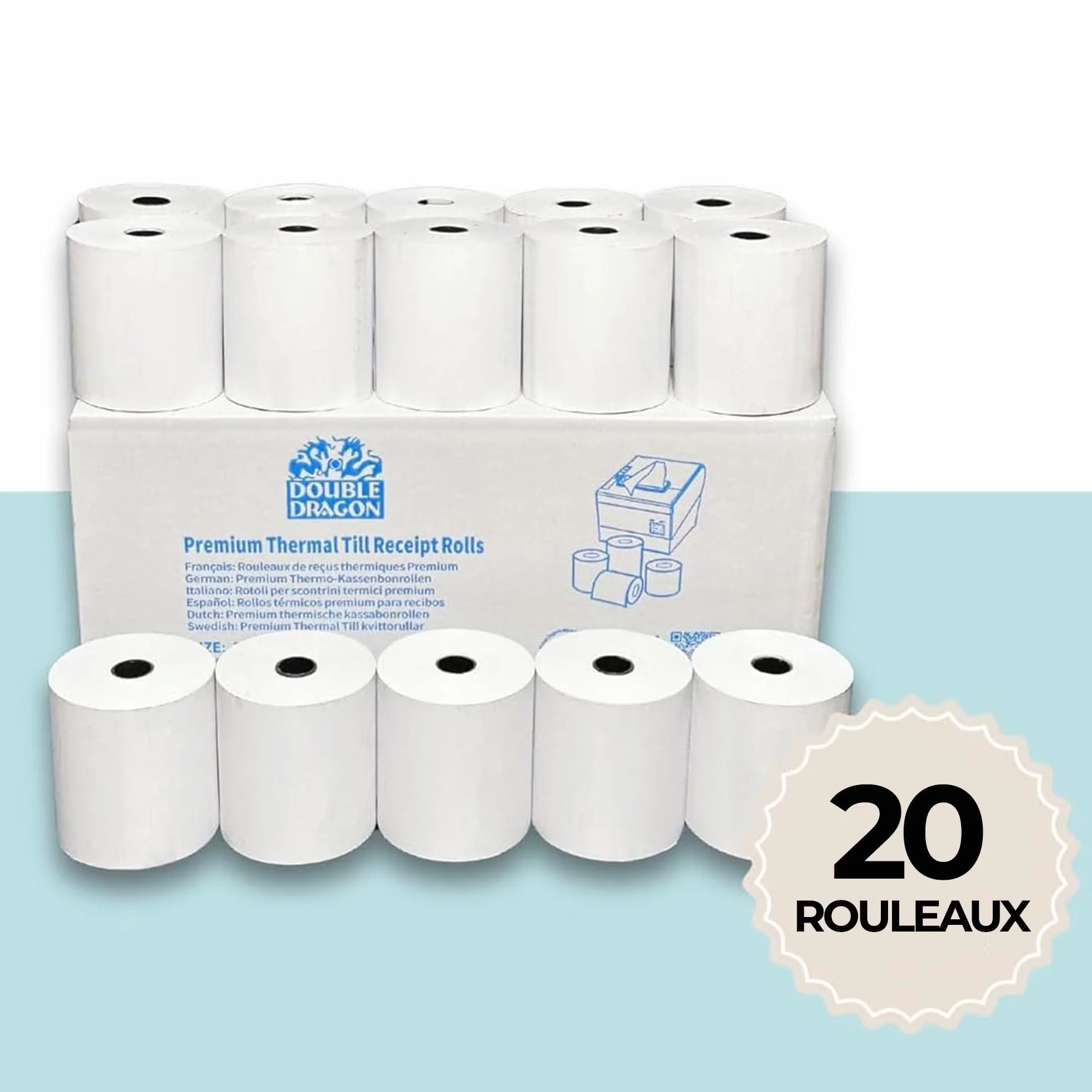 Double Dragon Papier Thermique Premium 80 x 80 mm Lot de 20 Rouleaux pour Tickets de Caisse