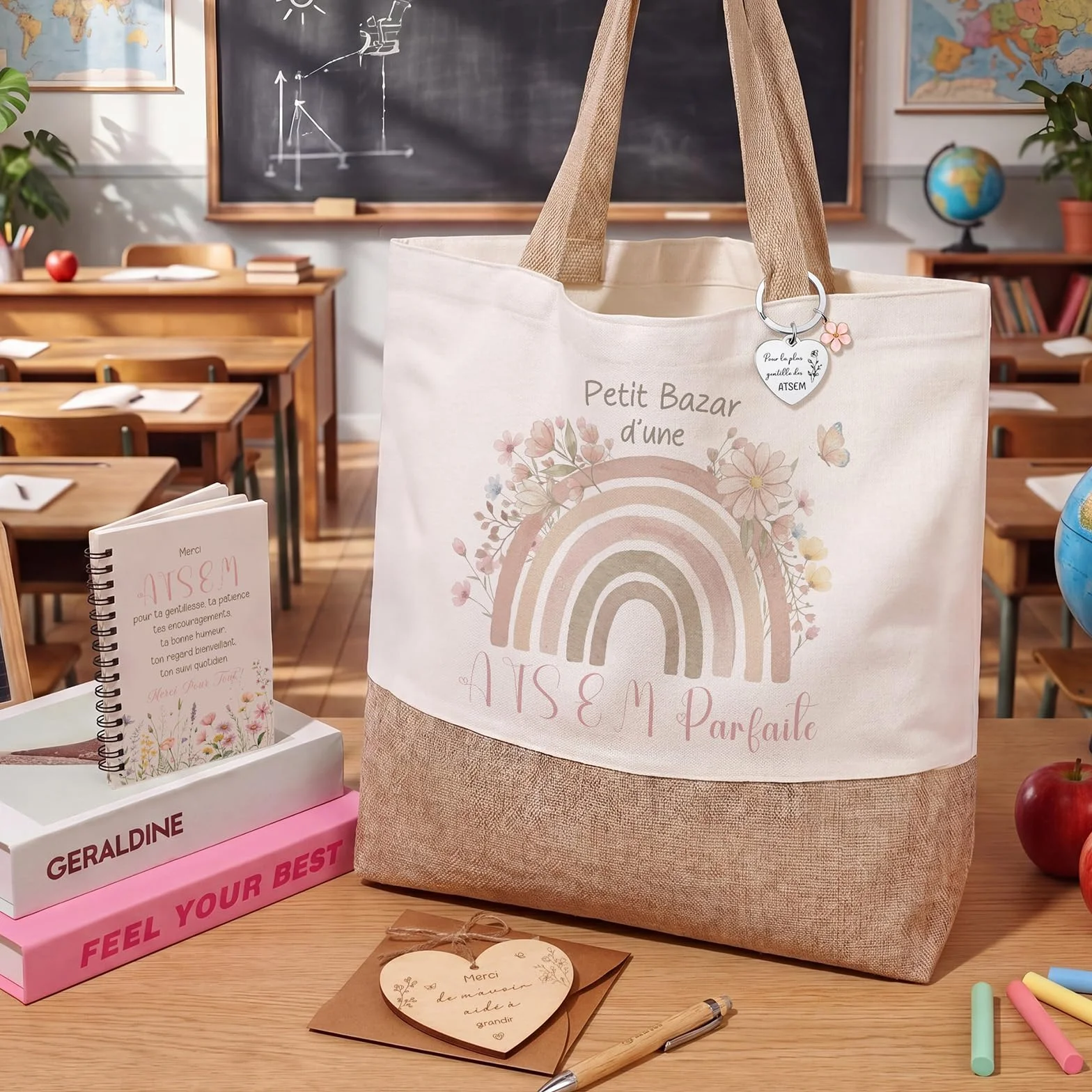 Cadeaux Merci pour ATSEM Sac Fourre-Tout Porte-Clés Stylo Carnet à Spirale Enveloppe Plaque de Cœur Fin d'Année