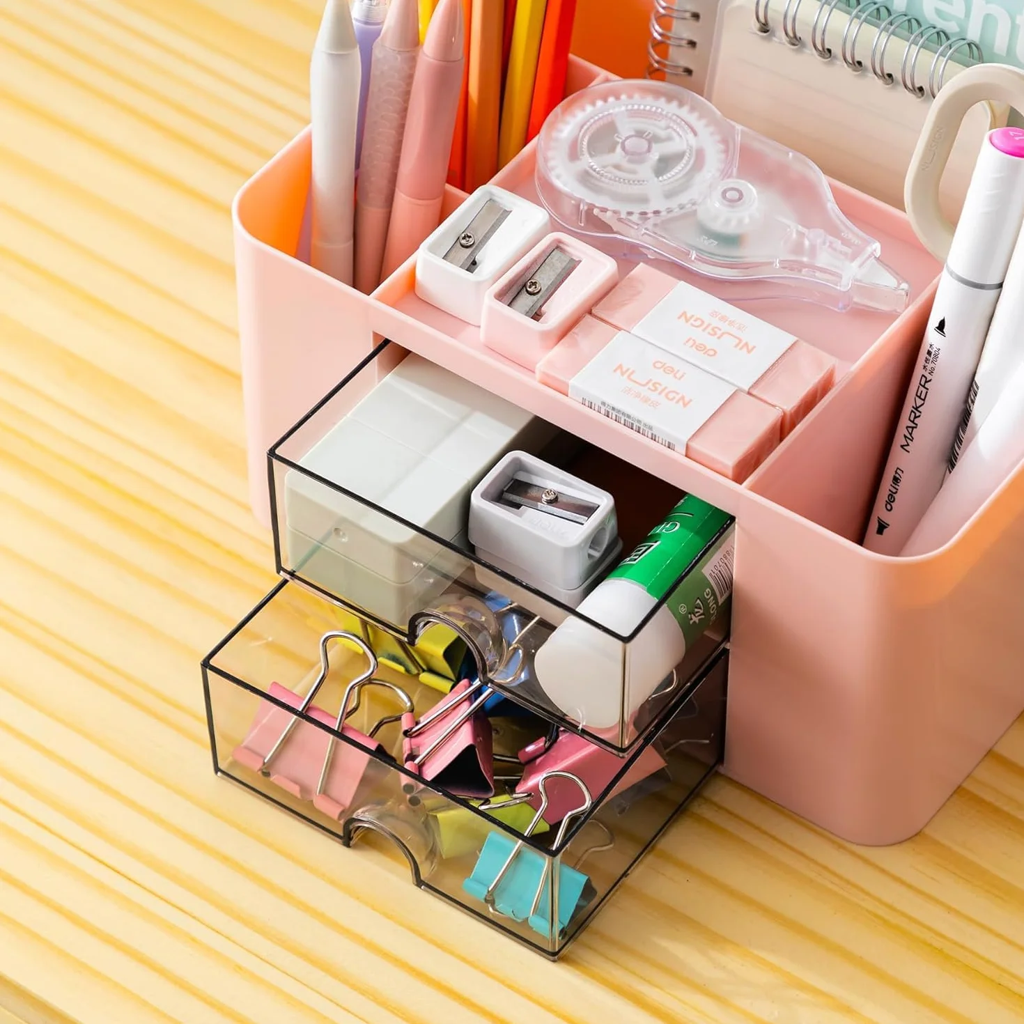 Porte Stylo Bureau Organiser 7 Grilles Plastique avec Tiroir Multifonctionnel Rose
