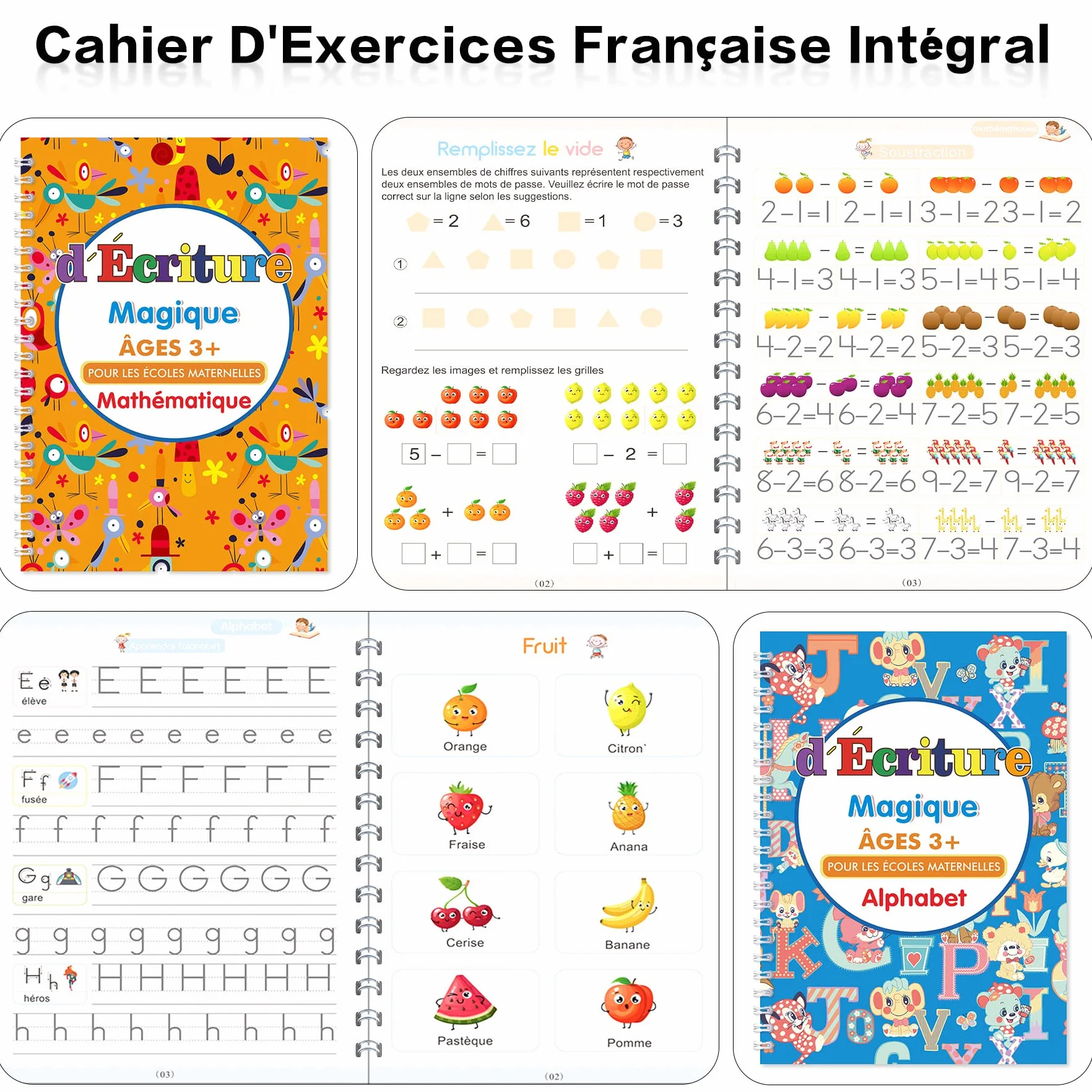 Larcenciel Grand Cahier Écriture Magique Français, 4 Livres Calligraphie Enfant Réutilisable avec Stylos Recharges, Cahier Vacances Maternelle CP CE1