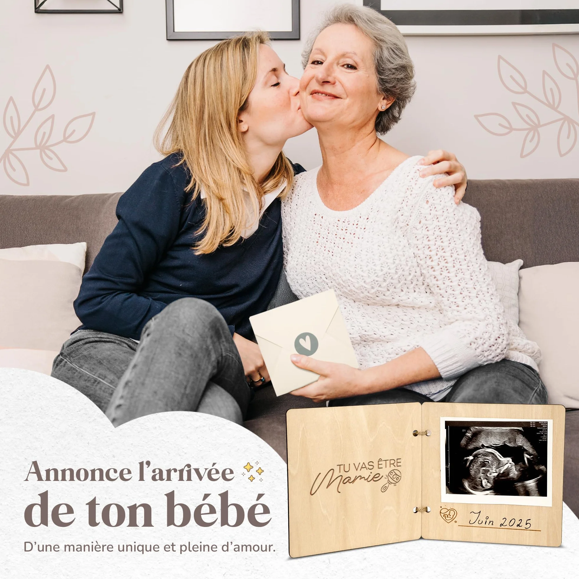Annonce grossesse en bois | Carte annonce grand parents avec photo échographie