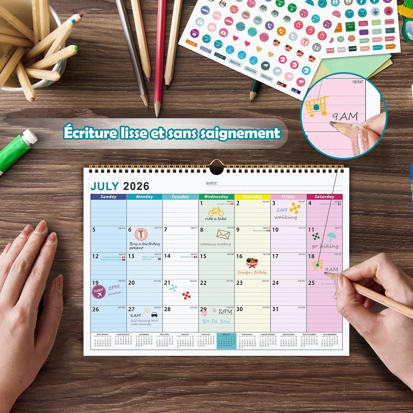 Calendrier Familial Juillet 2026 à Décembre 2027, A4 Mural Mensuel Bureau, Agenda Planning Organisateur avec Bobine, Autocollants