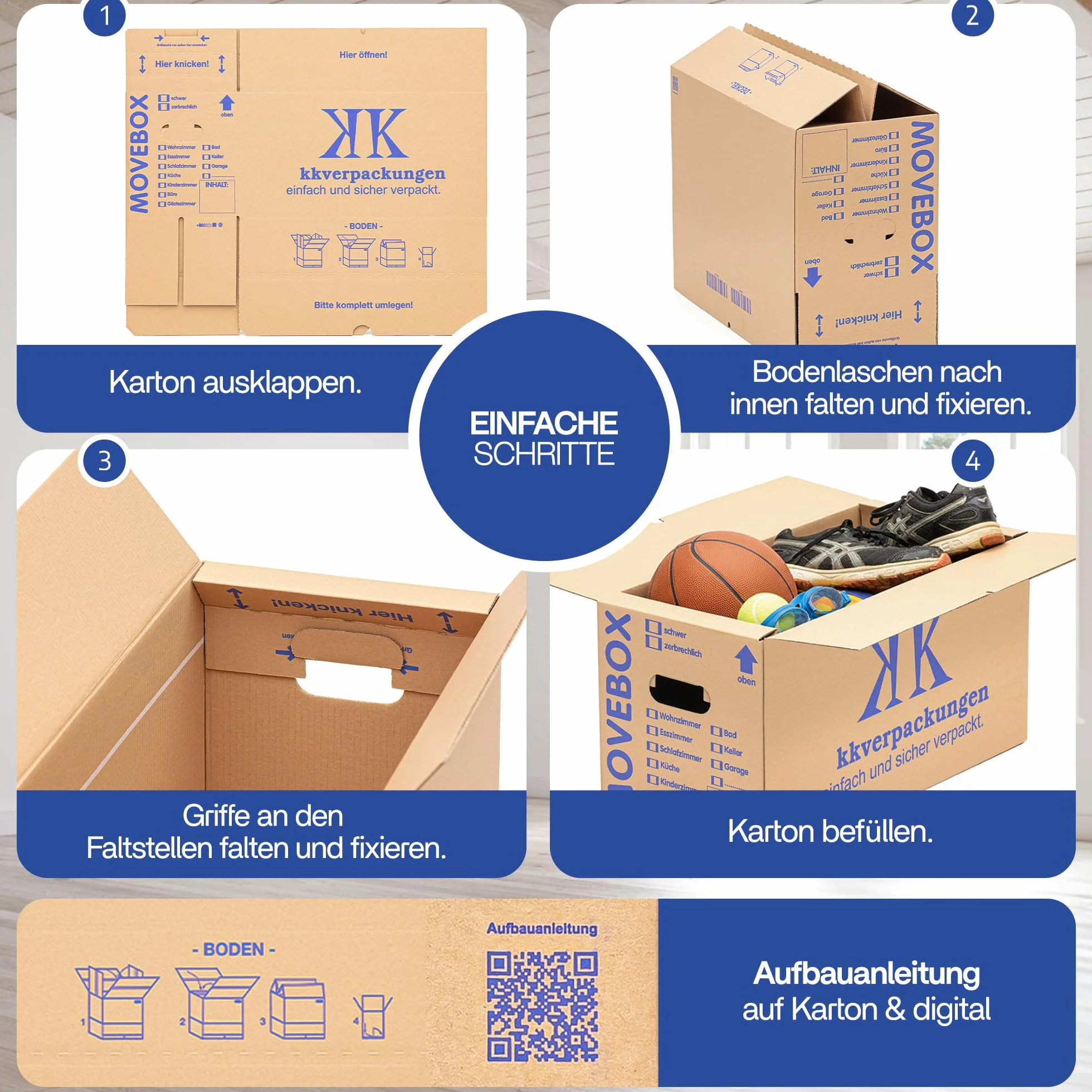 Boîtes carton déménagement stockage 634x290x326 mm 40 kg capacité charge avec poignées réutilisables