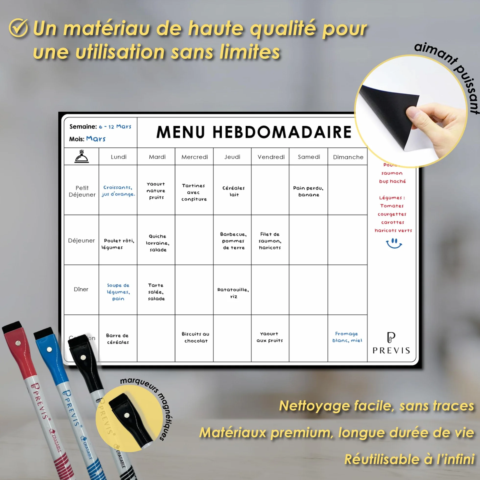PREVIS Planificateur de Menus A4 21x29cm avec 3 Marqueurs Magnétiques - Tableau Magnétique Frigo Semaine
