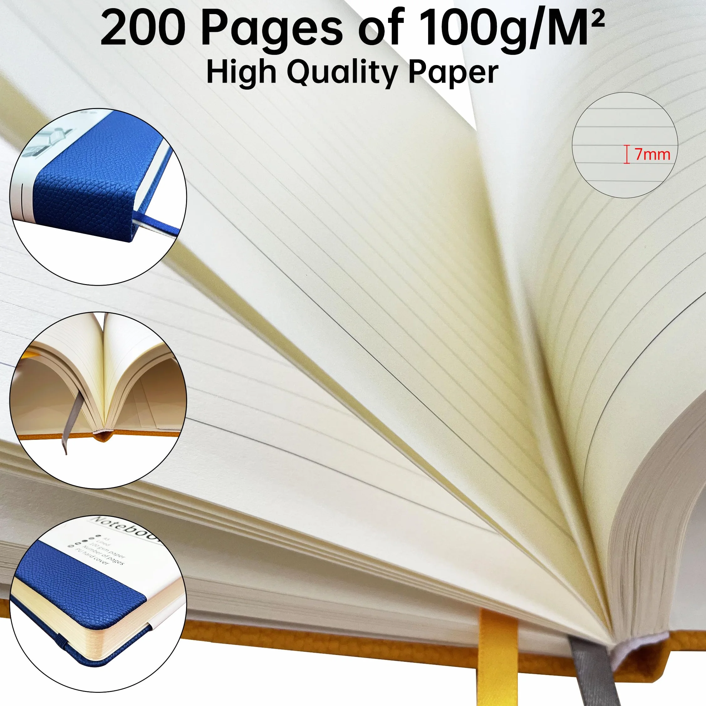 Mlife Carnet de Notes ligné A5 200 Pages PU Hard Cover Notebook Papier 100 g/m² Bleu