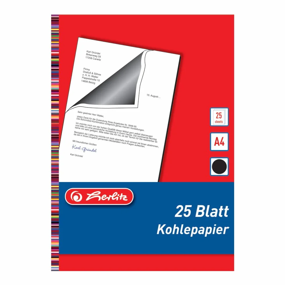 Herlitz Papier Carbone A4 Lot de 25 Feuilles pour Machine à Écrire Noir