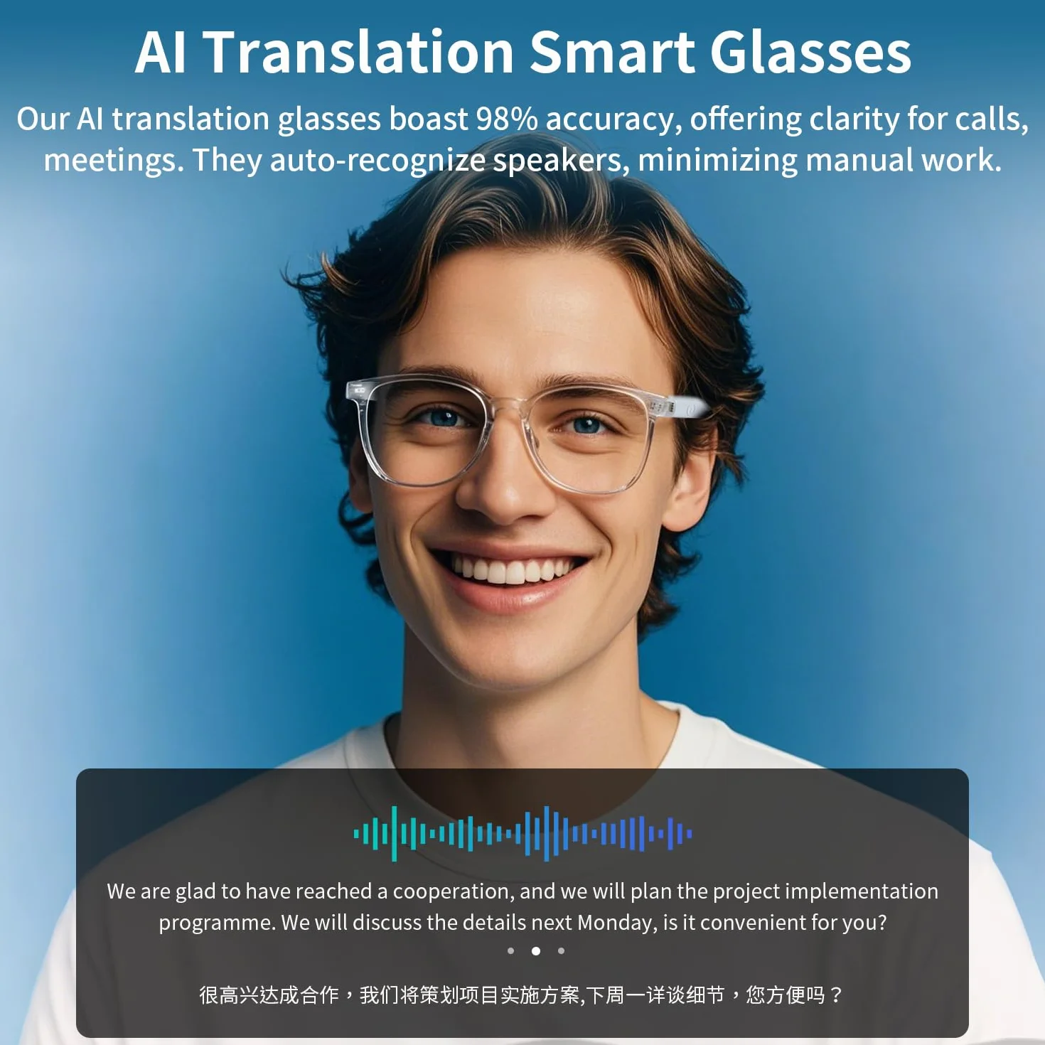 Lunettes intelligentes traducteur AI, traduction bilingue temps réel, verres photochromiques, cadre bleu, 160+ langues, design léger voyage affaires