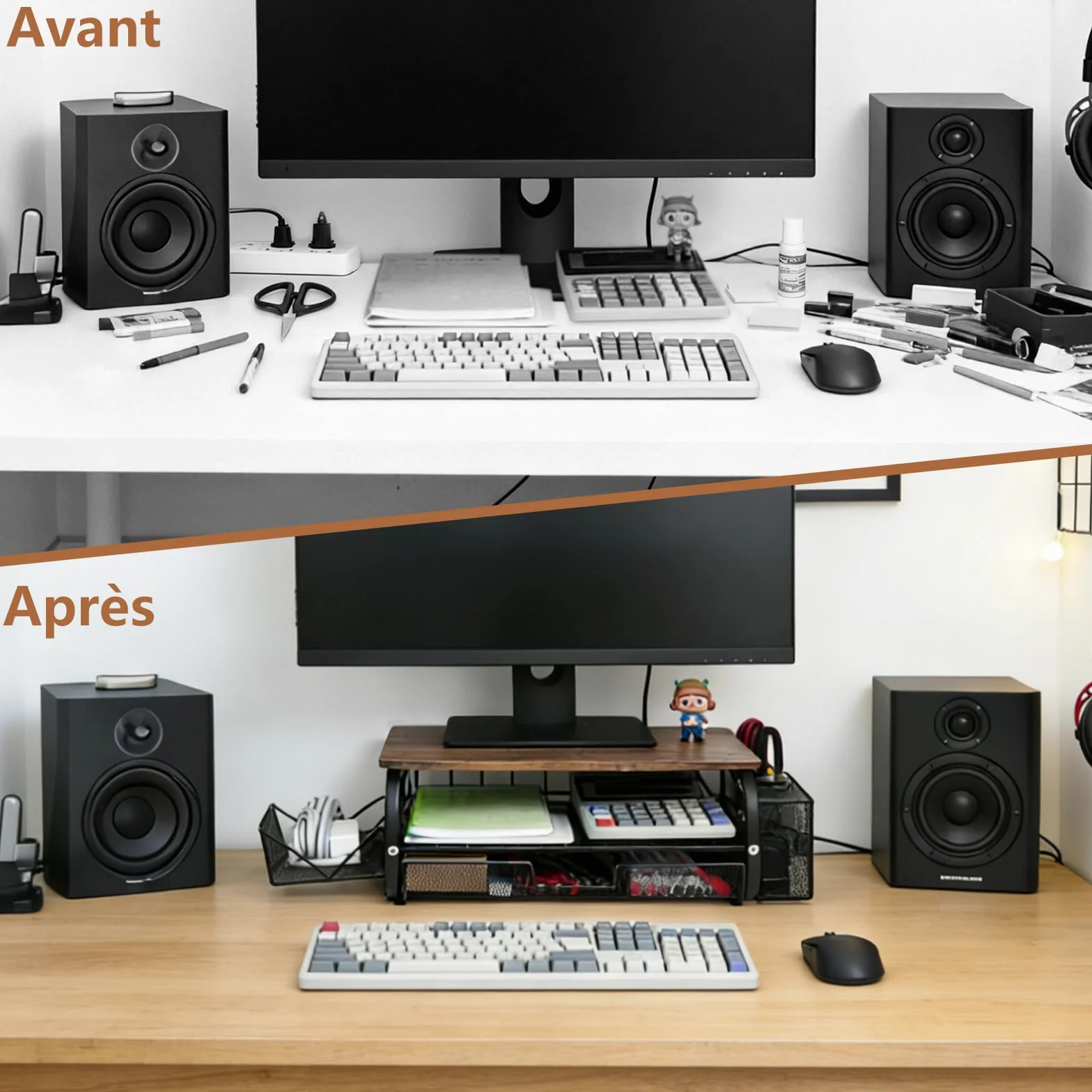 Support d'Écran Vintage 30kg/66lbs - Élévateur Ergonomique Multifonction pour Bureau avec Plateau et Attaches Câbles - Brun Rétro