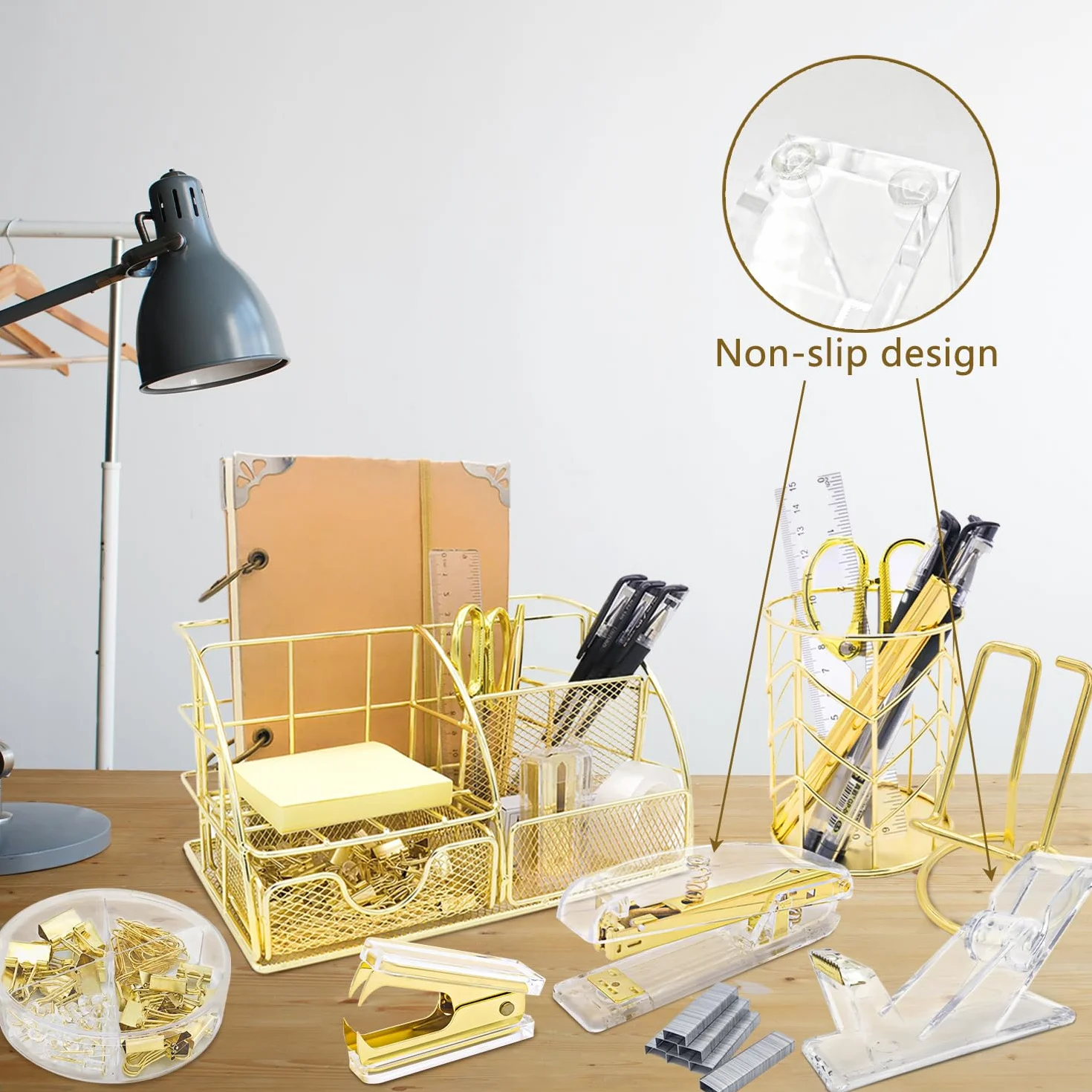 Organisateur de bureau doré 13 pièces avec agrafeuse acrylique distributeur ruban porte-stylo