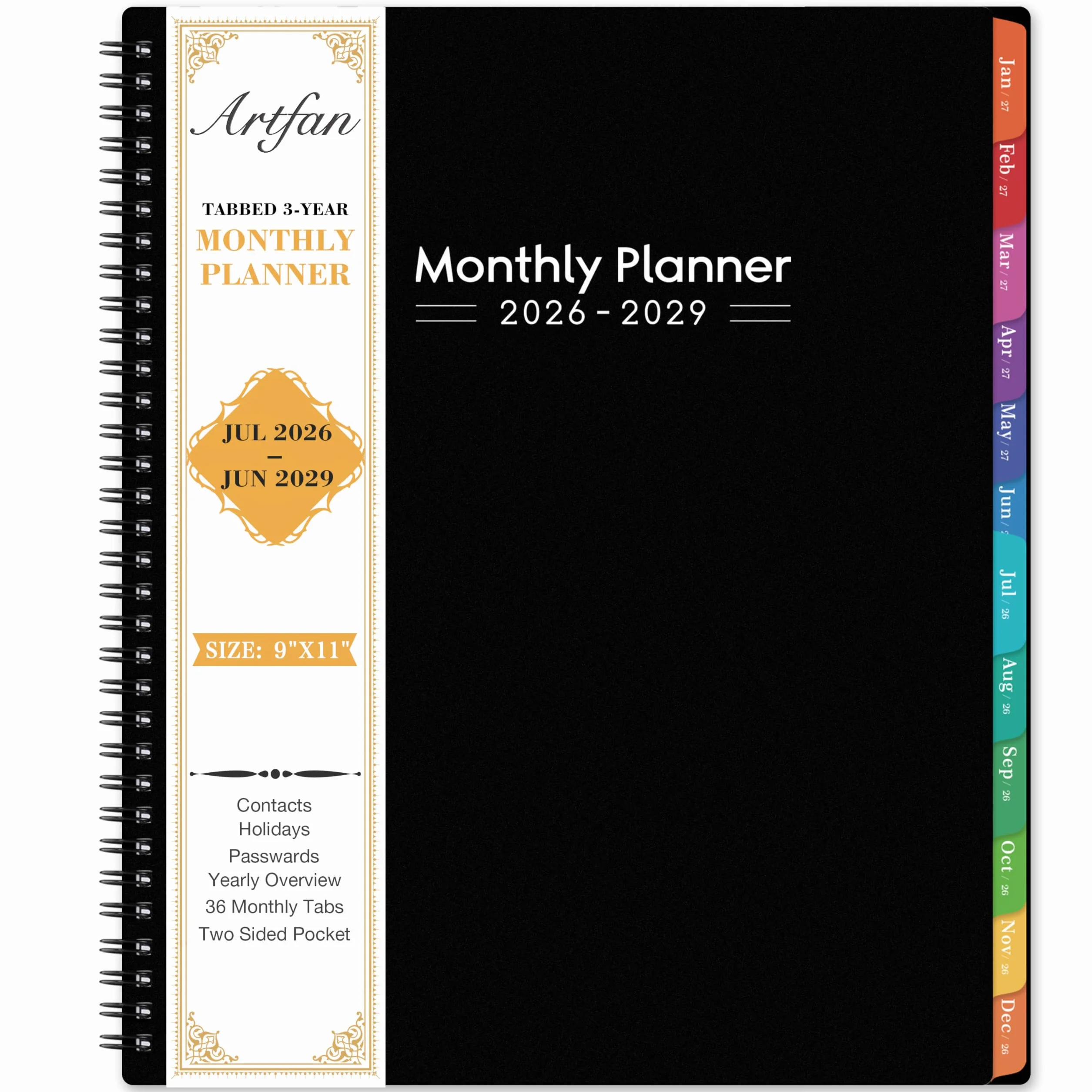 Planning mensuel 2026-2029 – Planificateur mensuel 3 ans 22,9 x 27,9 cm avec onglets colorés