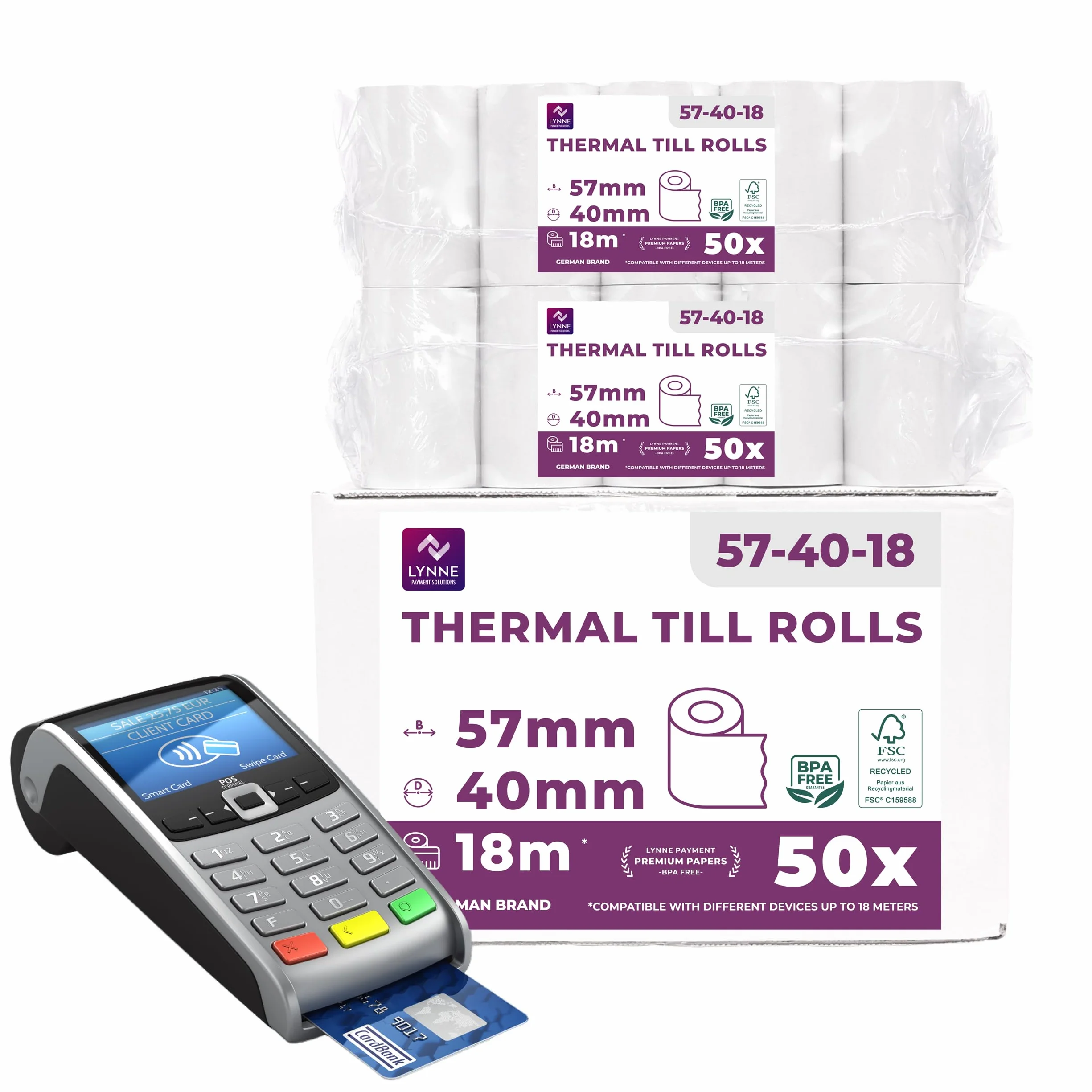 Rouleau TPE Carte Bancaire 57x40x12 - Bobine Papier Thermique 57mm x 18m x 12mm - sans BPA - 50x