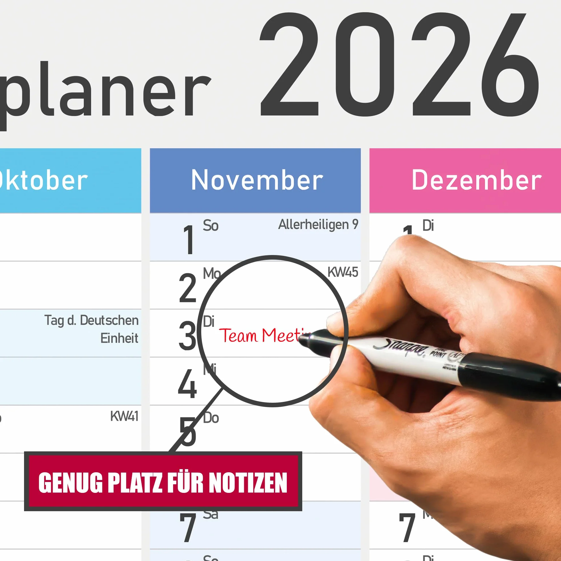 Calendrier annuel XXL 2026 A1 84x59 cm mural planificateur avec semaines et jours fériés