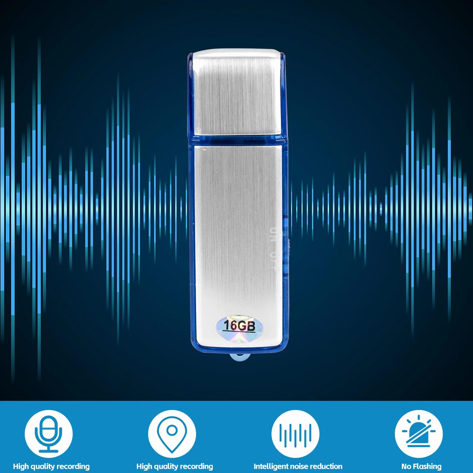 Podazz Mini enregistreur vocal numérique 16 Go 90 heures activation sonore rechargeable USB boîtier métal bleu