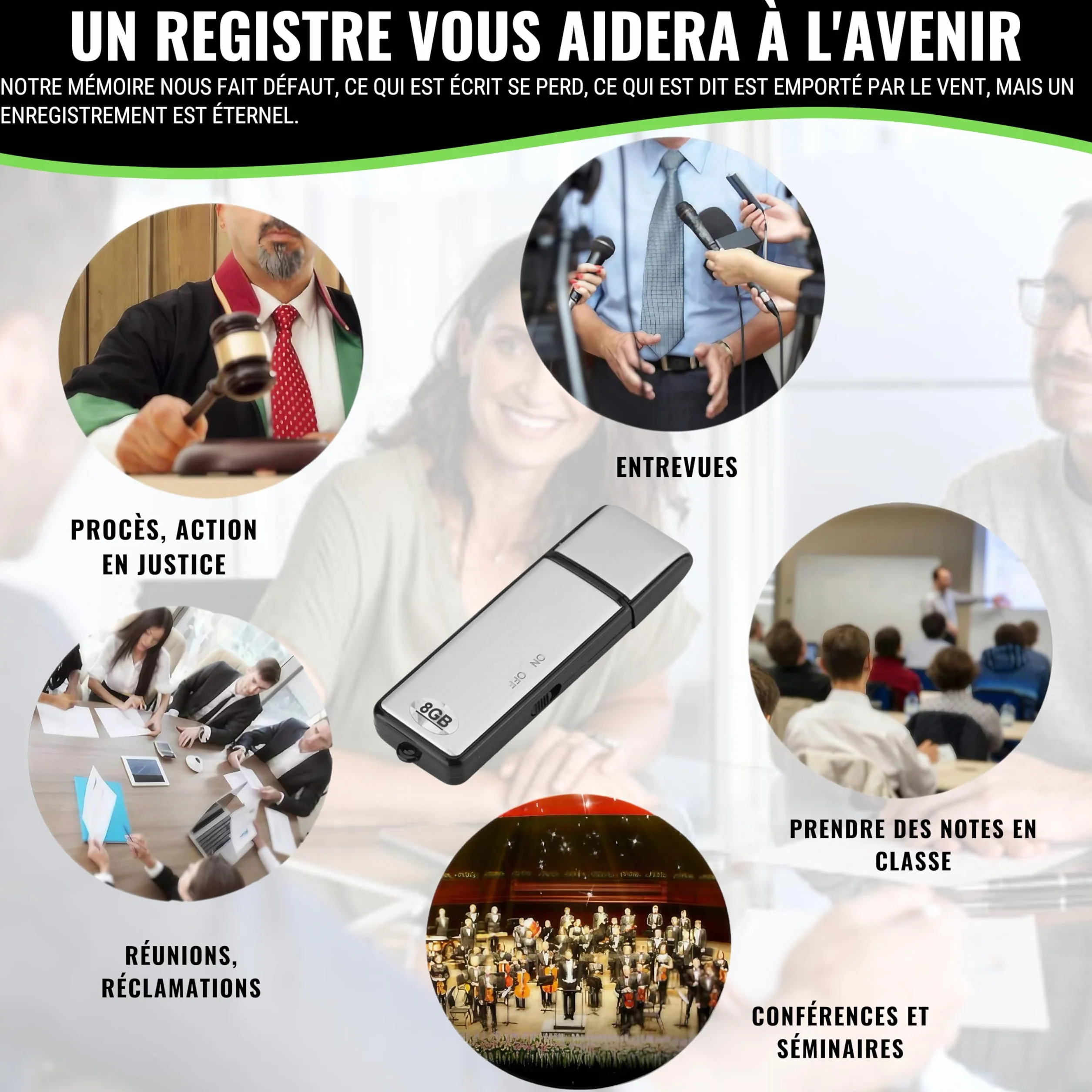 Enregistreur Vocal Numérique USB 8 Go Dictaphone Micro Espion Discret pour Réunions Interviews Cours NF3