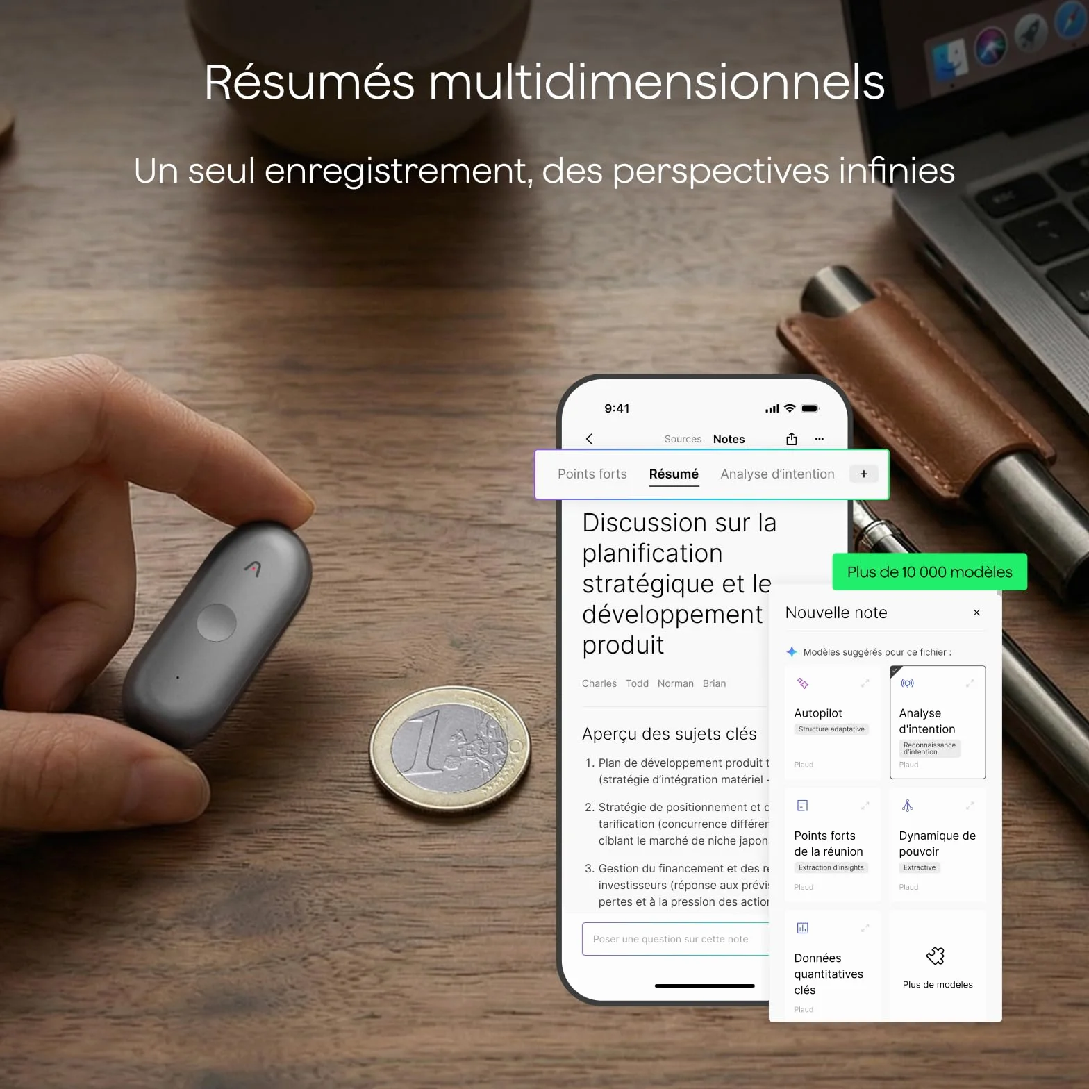 Plaud NotePin S Enregistreur Vocal IA avec Bouton Tactile, Transcription, Résumé IA et Team Plan, Dictaphone Numérique pour Réunions, Gris + 4 Accessoires