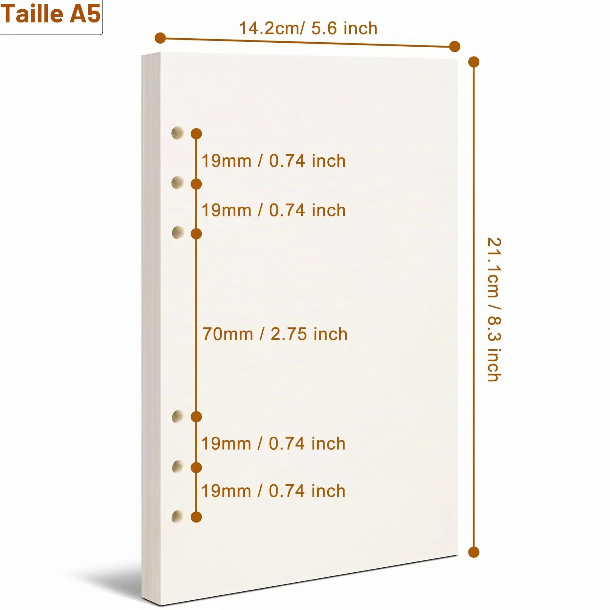 Papier vierge A5 6 trous perforés 80 feuilles 160 pages 14 x 21 cm beige