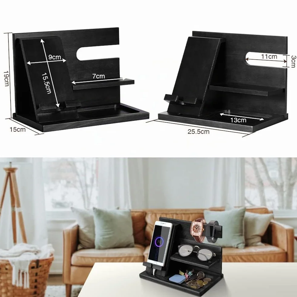 Organisateur de Bureau Bois Support Telephone Support Montre Cadeau Homme Papa Fete des Peres