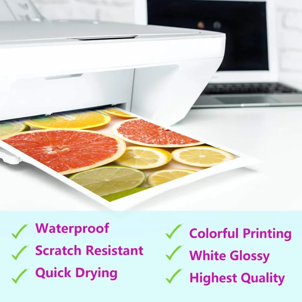 Papier autocollant vinyle imprimable imperméable A4 brillant blanc 35 feuilles pour imprimante jet d'encre