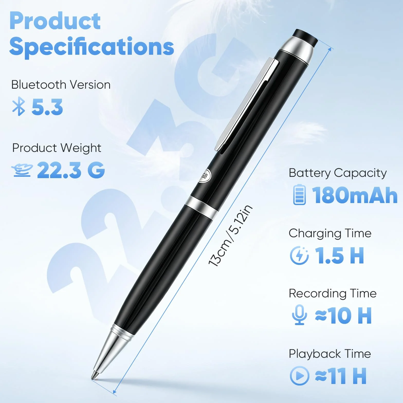 Stylo Enregistreur Vocal IA 64 Go Transcription Traduction Temps Réel Dictaphone APP Cloud Illimité Micro 360° Réduction Bruit Autonomie 10h