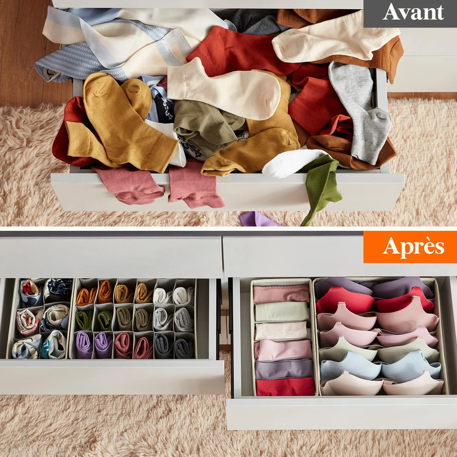 Lifewit Lot de 12 Organisateur de Tiroir Pliable en Tissu, Boîte de Rangement pour Sous-vêtements, Chaussettes, Culottes, Cravates, Gris Clair