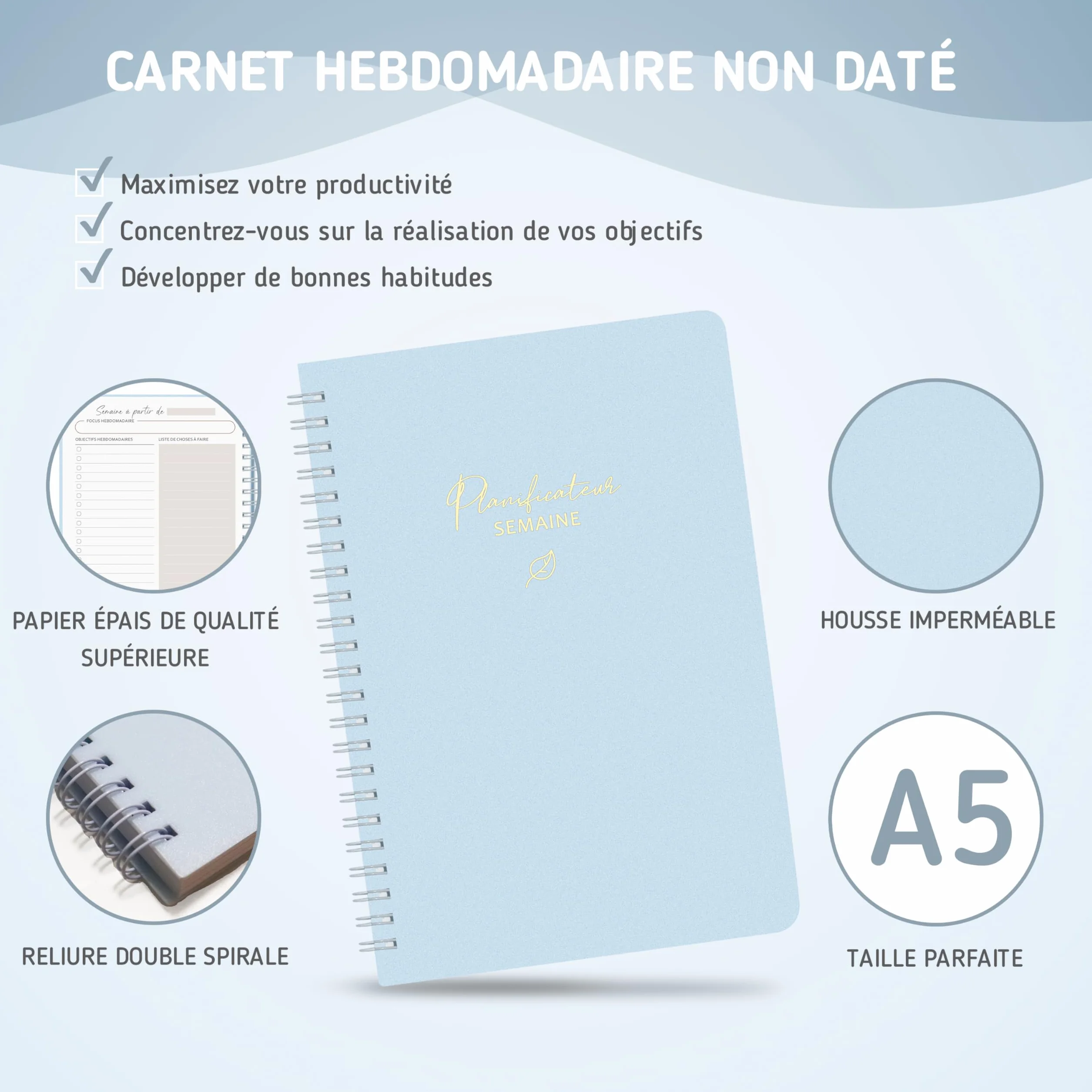 BIROYAL Agenda hebdomadaire non daté A5 Planning avec liste de tâches 52 feuilles Couverture rigide