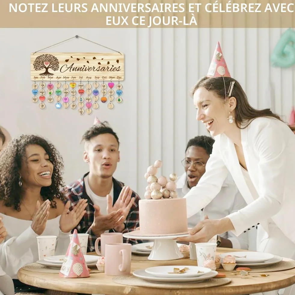 Arbre de Vie Calendrier d'Anniversaire en Bois avec 100 Étiquettes, 40x12cm, Décoration Murale Suspendue pour Saint-Valentin
