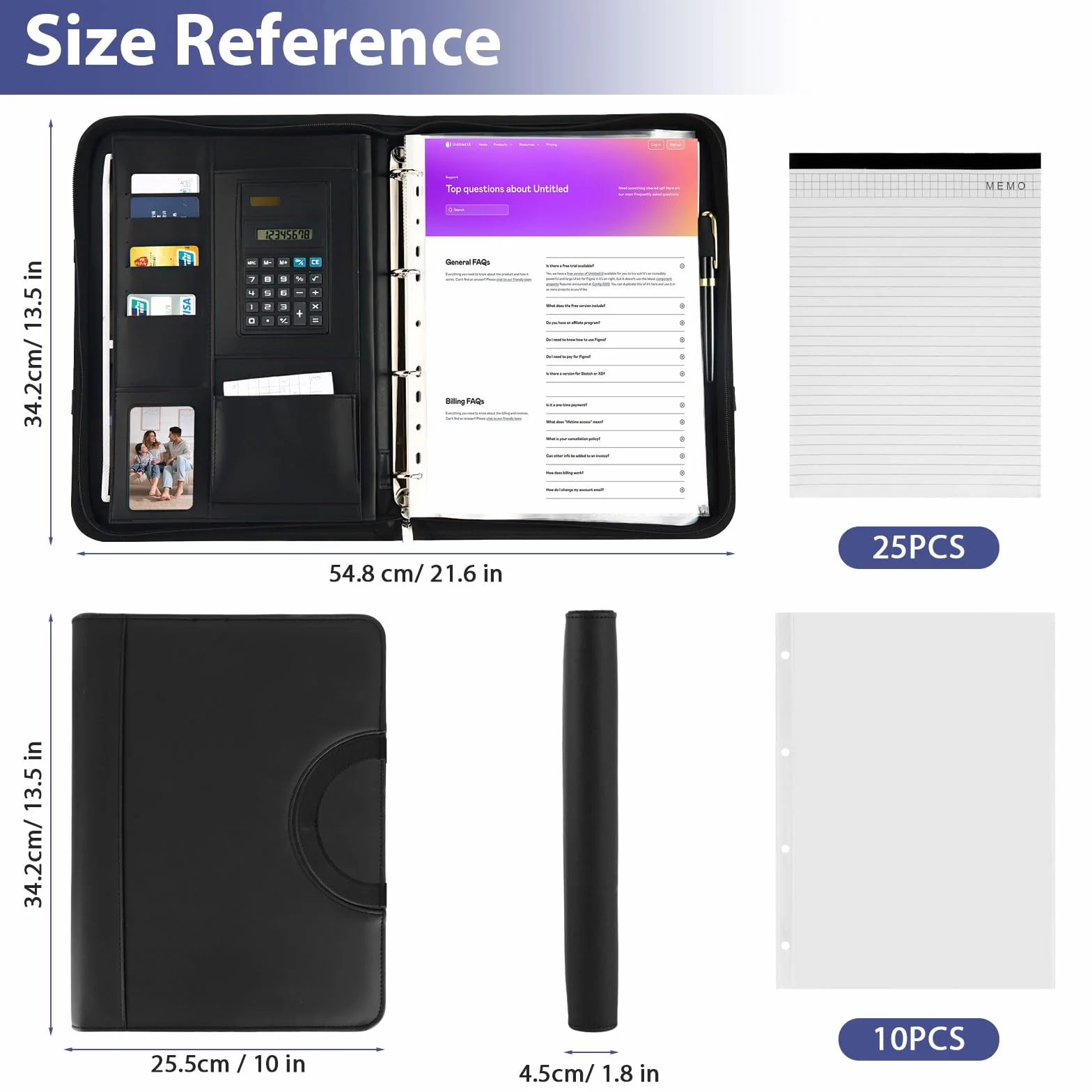 Porte-documents A4 en PU Cuir Zippé avec Calculatrice, 34 x 25 cm Noir