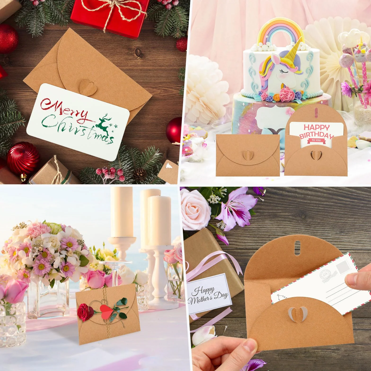 60 Pièces Mini Enveloppe Kraft 10.5×7cm Avec Cartes Vierges Fermeture Coeur Pour Cartes Cadeaux