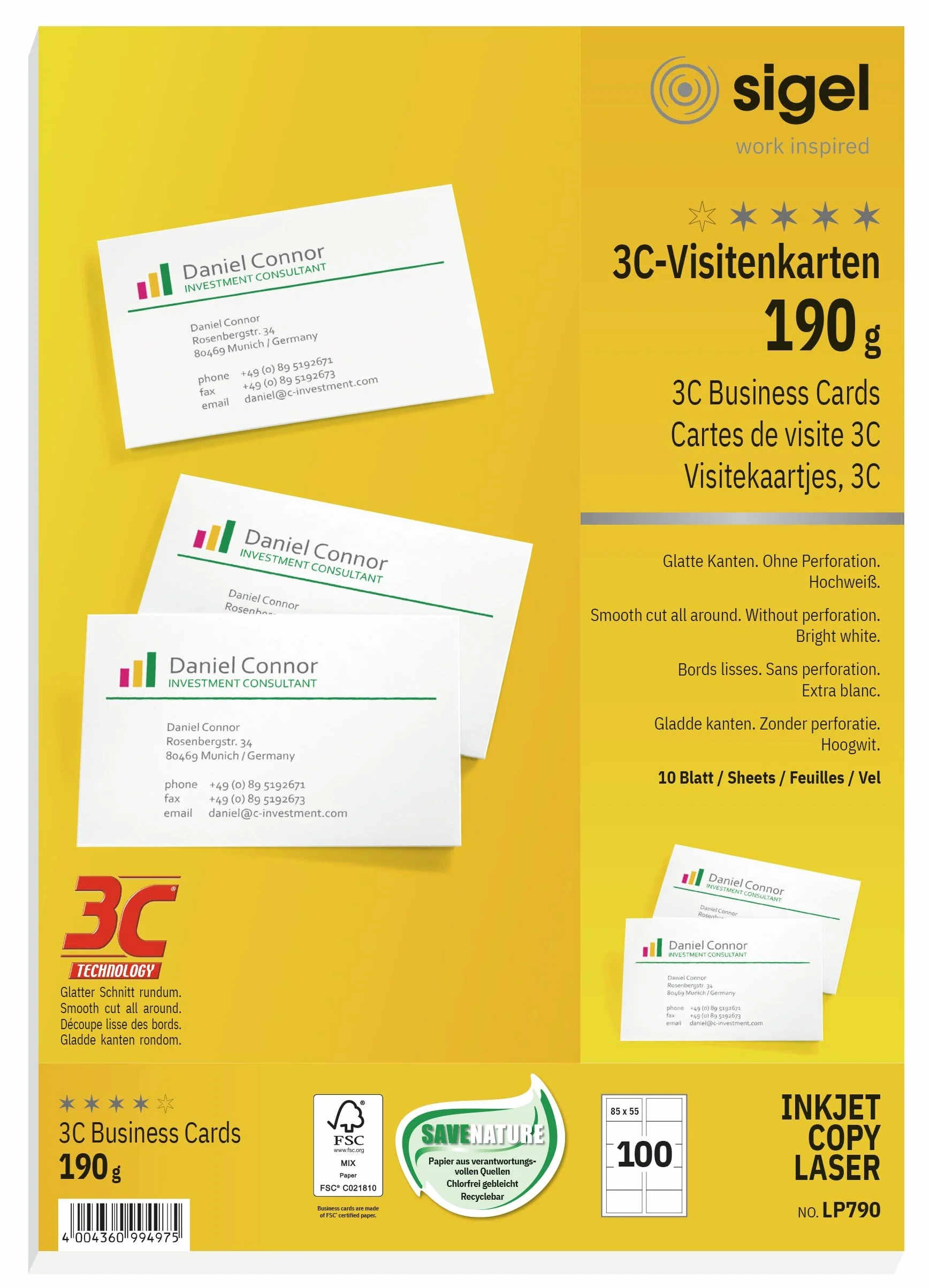 SIGEL Lp790 Lot de 100 Cartes de Visite Imprimables, 8,5 x 5,5 cm, 190 G