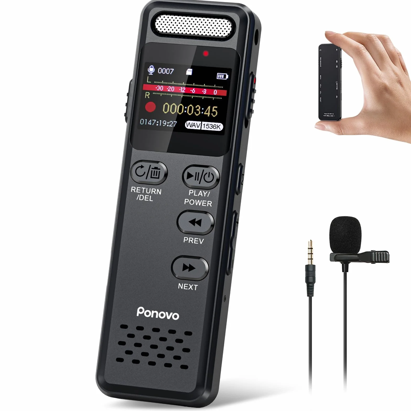 Ponovo Enregistreur Vocal Numérique 16Go 100H 1536Kbps Activation Vocale 1100mAh