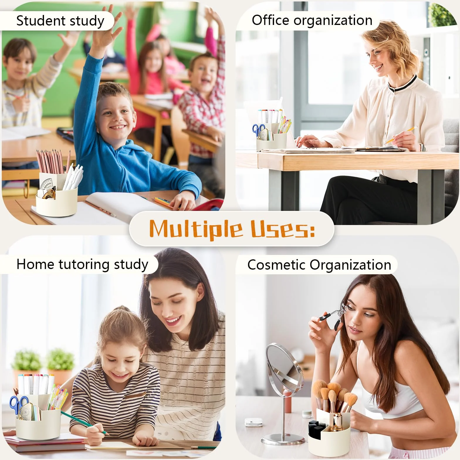 Rotatif Pot à Crayon, Porte-Stylos Pivotant à 360 Degrés avec 3 Compartiments, Rangement de Bureau Grande Capacité - Blanc